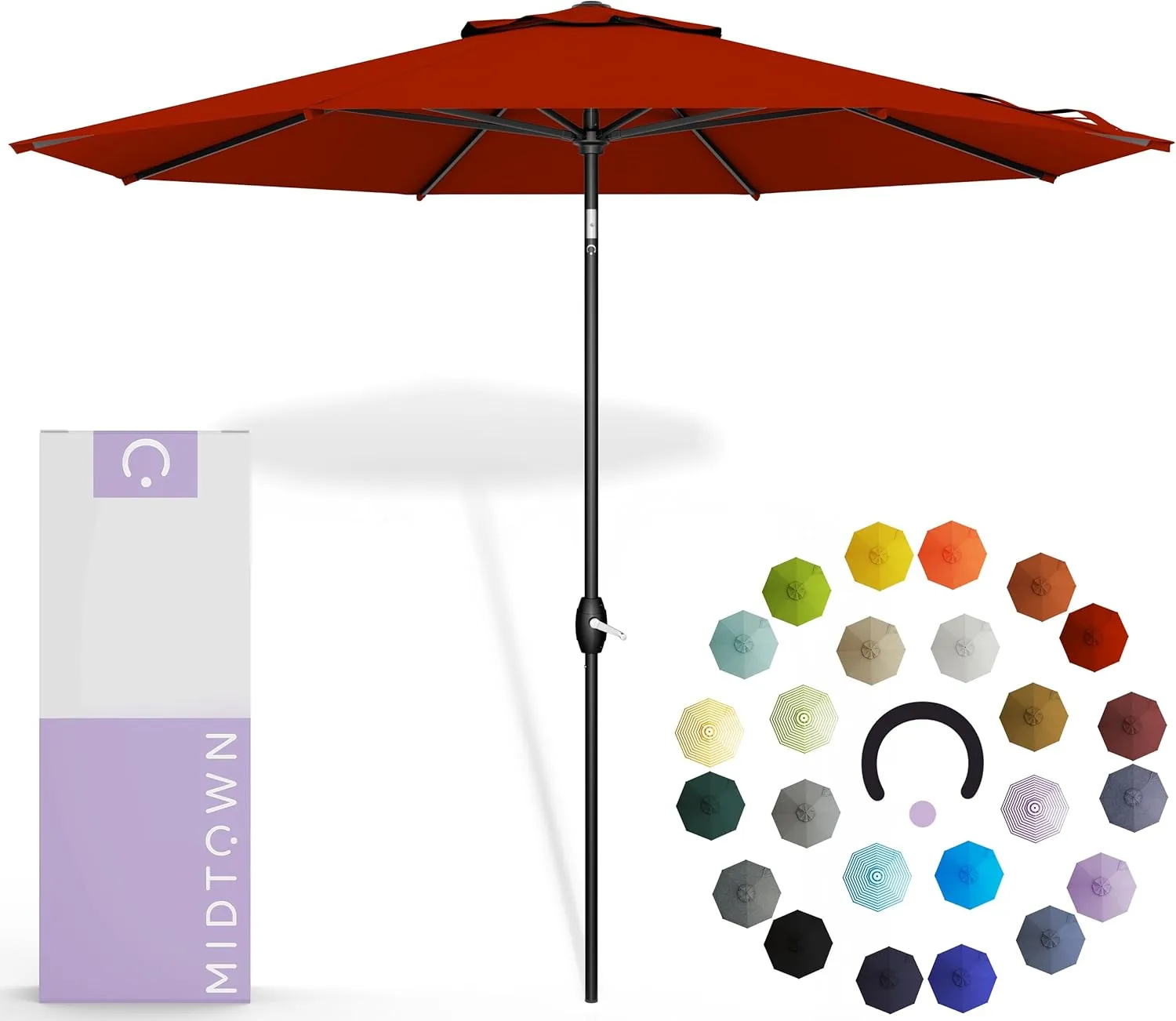 Midtown Umbrellas 10-Year-No-Fade - 9 Ft - UV Proof Apple Red Polyester Fabric - Umbrella Outdoor Patio, Auto-Tilt Aluminum Frame Patio Umbrella for Garden, Pool & Deck - Black Pole