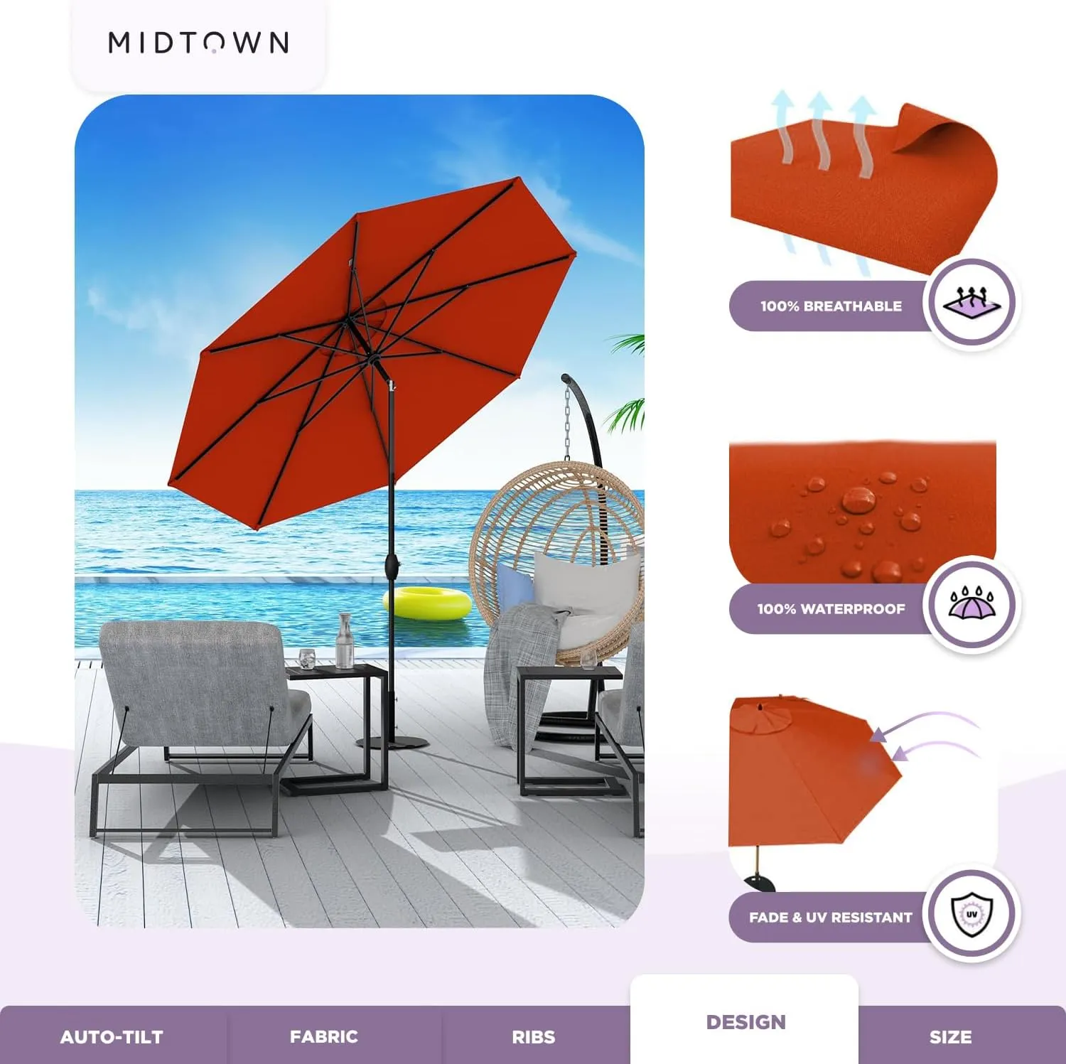 Midtown Umbrellas 10-Year-No-Fade - 9 Ft - UV Proof Apple Red Polyester Fabric - Umbrella Outdoor Patio, Auto-Tilt Aluminum Frame Patio Umbrella for Garden, Pool & Deck - Black Pole