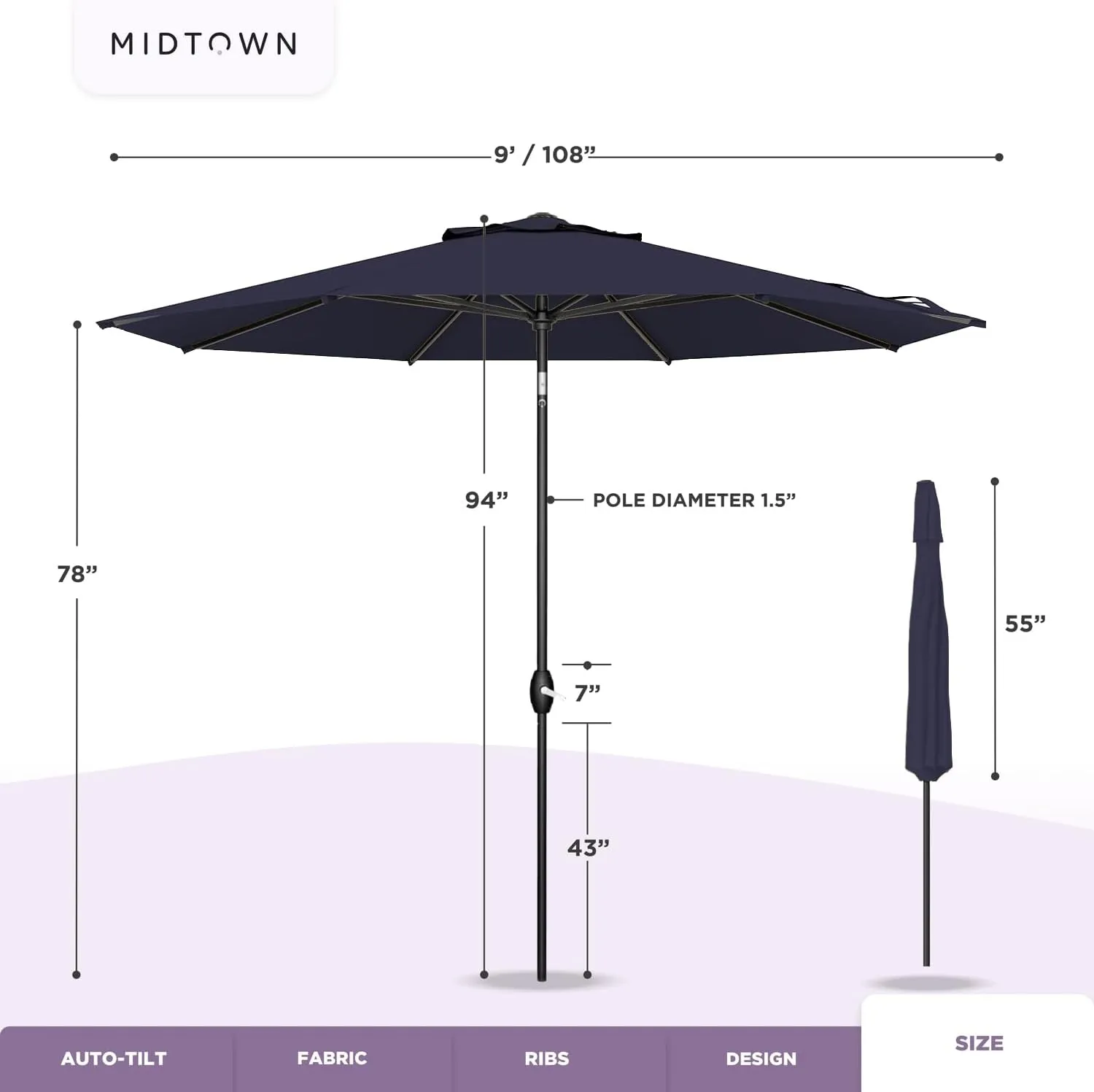 Midtown Umbrellas 10-Year-No-Fade - 9 Ft - UV Proof Navy Blue Polyester Fabric - Umbrella Outdoor Patio, Auto-Tilt Aluminum Frame Patio Umbrella for Garden, Pool & Deck - Black Pole