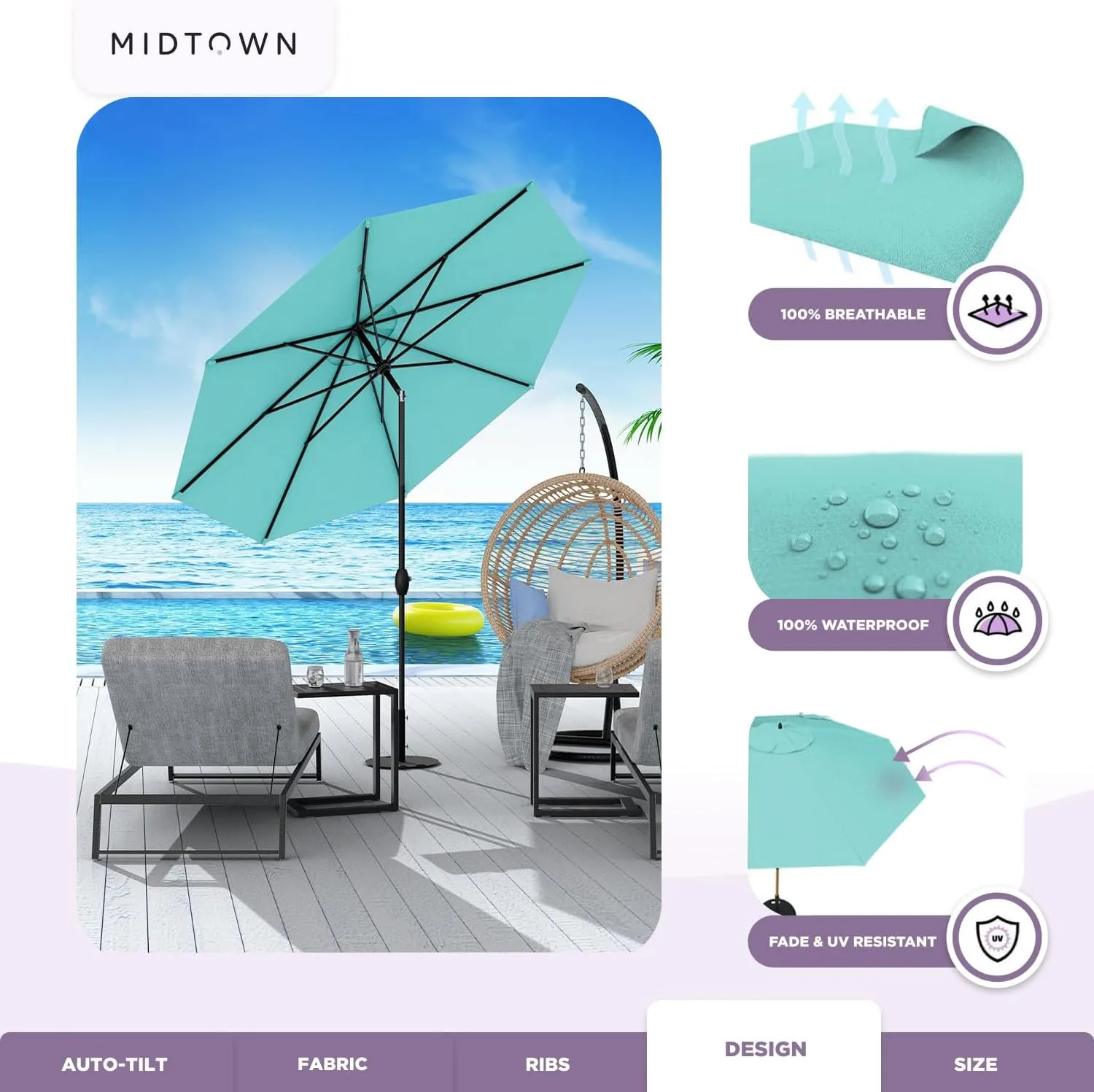 Midtown Umbrellas Sunbrella Umbrella 10 Feet Large Outdoor Umbrella With Sunbrella Aruba Acrylic Fabric - Auto-Tilt Aluminum Frame Large Patio Umbrella For Backyard, Deck, Garden, Pool - Black Pole