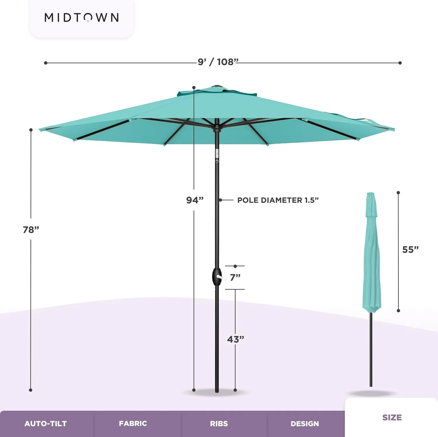 Midtown Umbrellas The Lean Outdoor Umbrella With Sunbrella Acrylic Fabric - 8 Ribs Aluminum Frame Patio Umbrella With Zinc Alloy Crank Lift And Auto-Tilt System