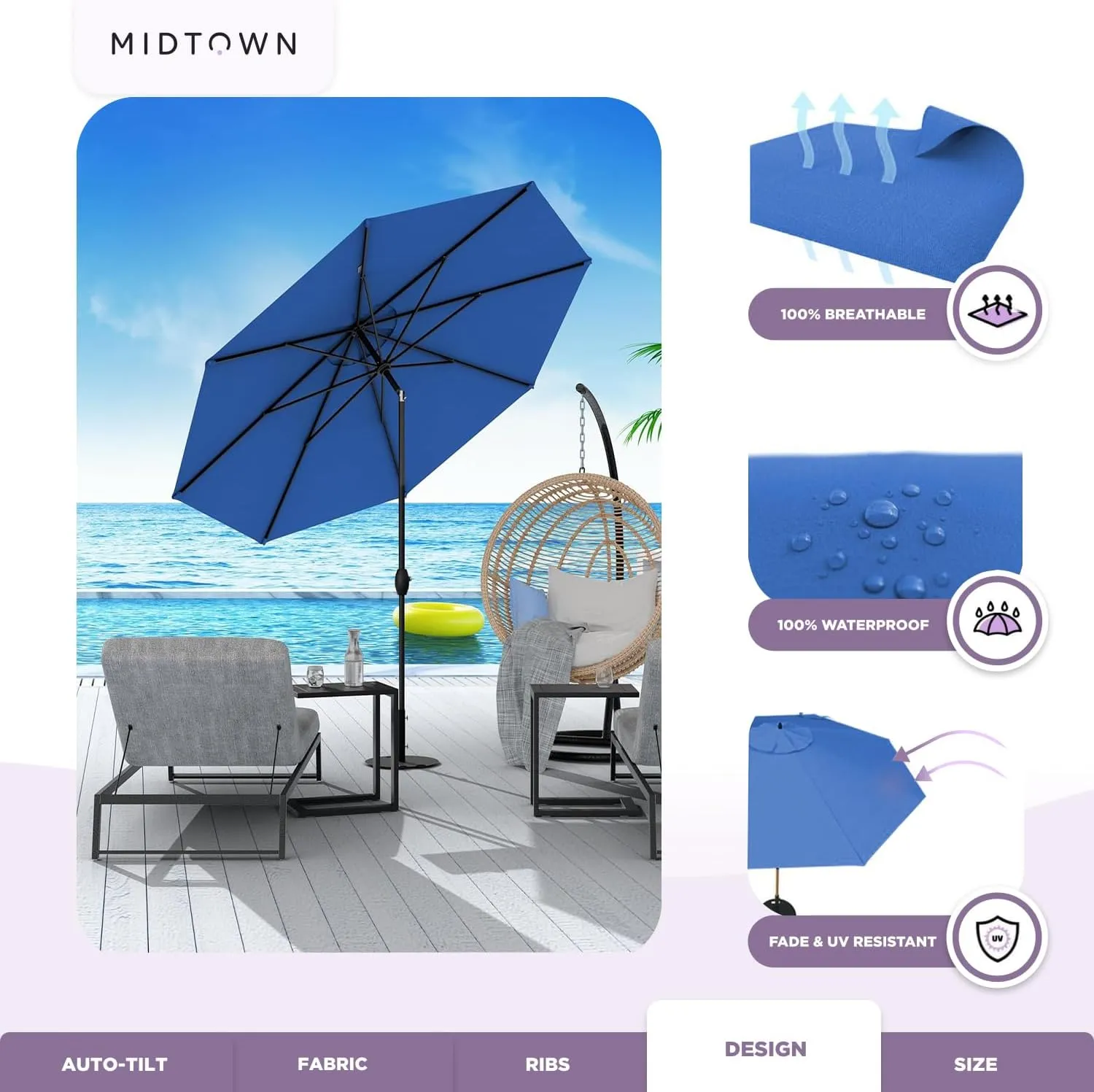 Midtown Umbrellas The Lean Outdoor Umbrella With Sunbrella Acrylic Fabric - 8 Ribs Aluminum Frame Patio Umbrella With Zinc Alloy Crank Lift And Auto-Tilt System