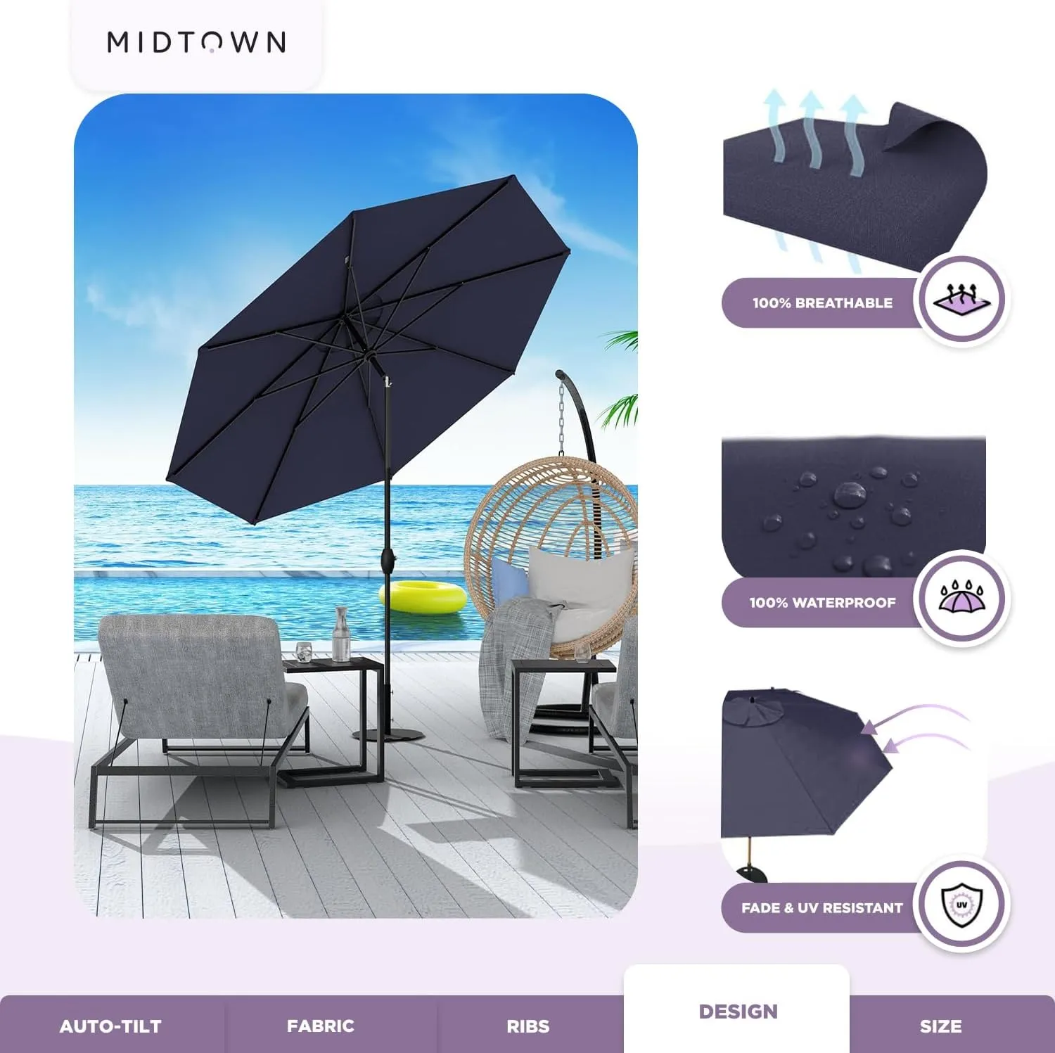 Midtown Umbrellas The Lean Outdoor Umbrella With Terylast Polyester Fabric - 8 Ribs Aluminum Frame Patio Umbrella With Zinc Alloy Crank Lift And Auto-Tilt System