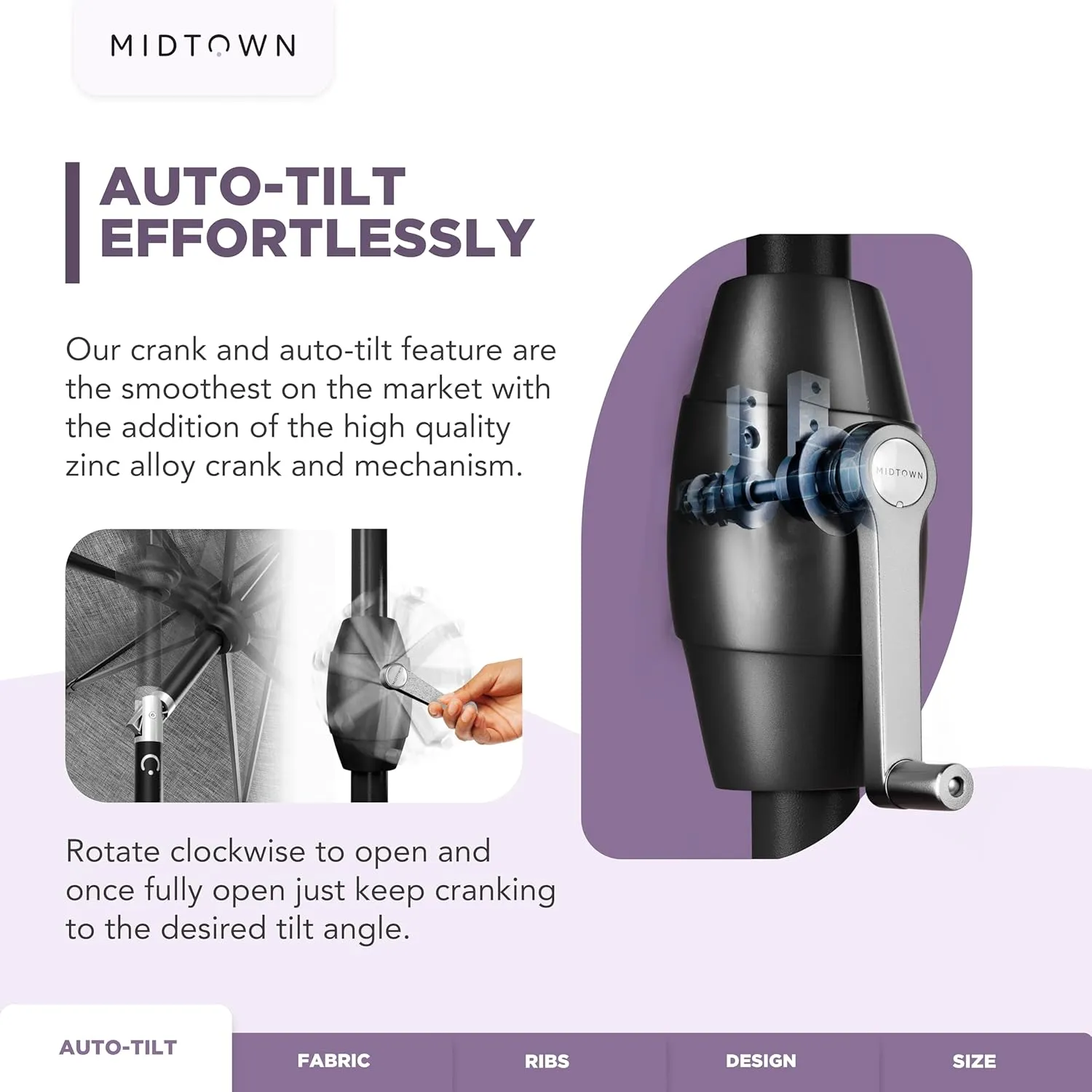 Midtown Umbrellas The Lean Outdoor Umbrella With Terylast Polyester Fabric - 8 Ribs Aluminum Frame Patio Umbrella With Zinc Alloy Crank Lift And Auto-Tilt System