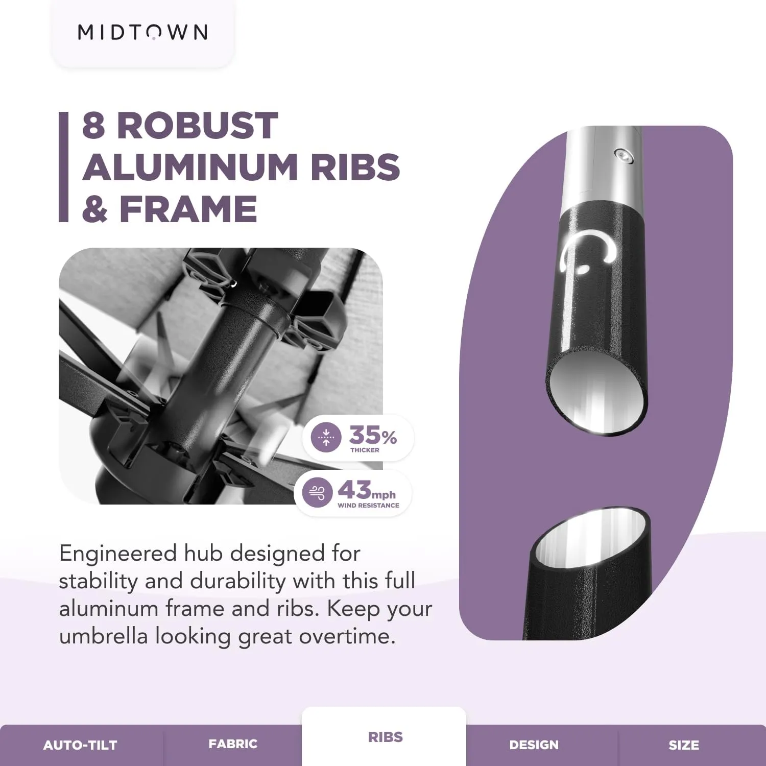 Midtown Umbrellas The Lean Outdoor Umbrella With Terylast Polyester Fabric - 8 Ribs Aluminum Frame Patio Umbrella With Zinc Alloy Crank Lift And Auto-Tilt System