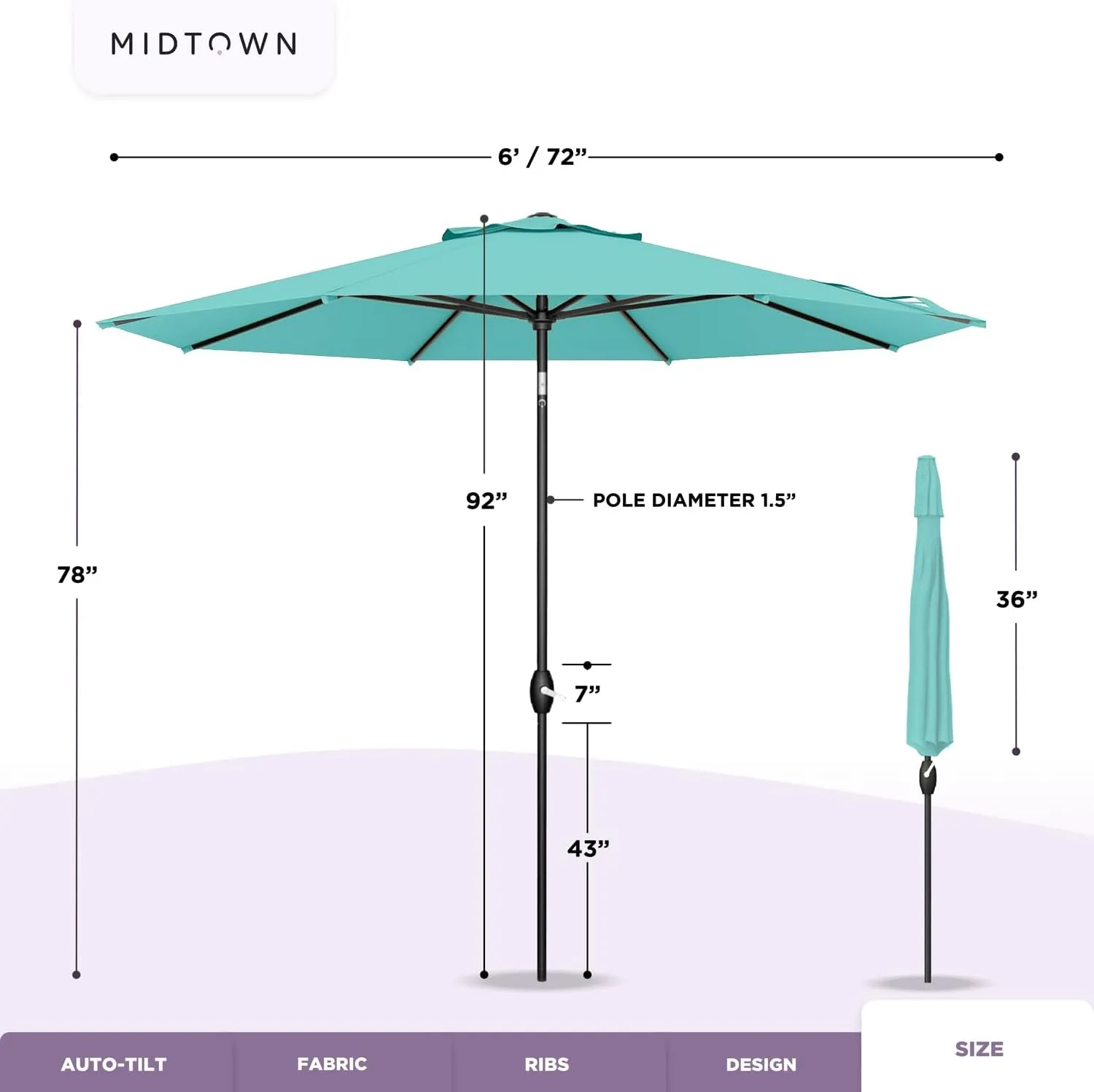 Midtown Umbrellas The Lean Outdoor Umbrella With Terylast Polyester Fabric - 8 Ribs Aluminum Frame Patio Umbrella With Zinc Alloy Crank Lift And Auto-Tilt System