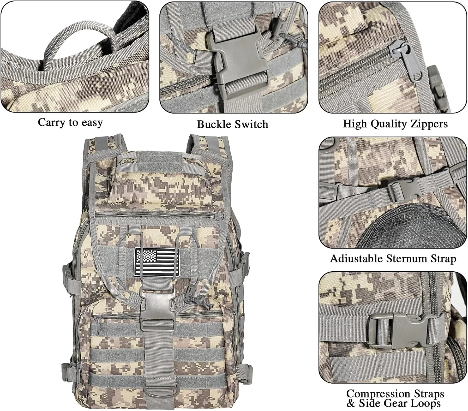 Military Tactical Hiking Backpacks for Men, Survival Army Camo Rucksack for Camping Trekking
