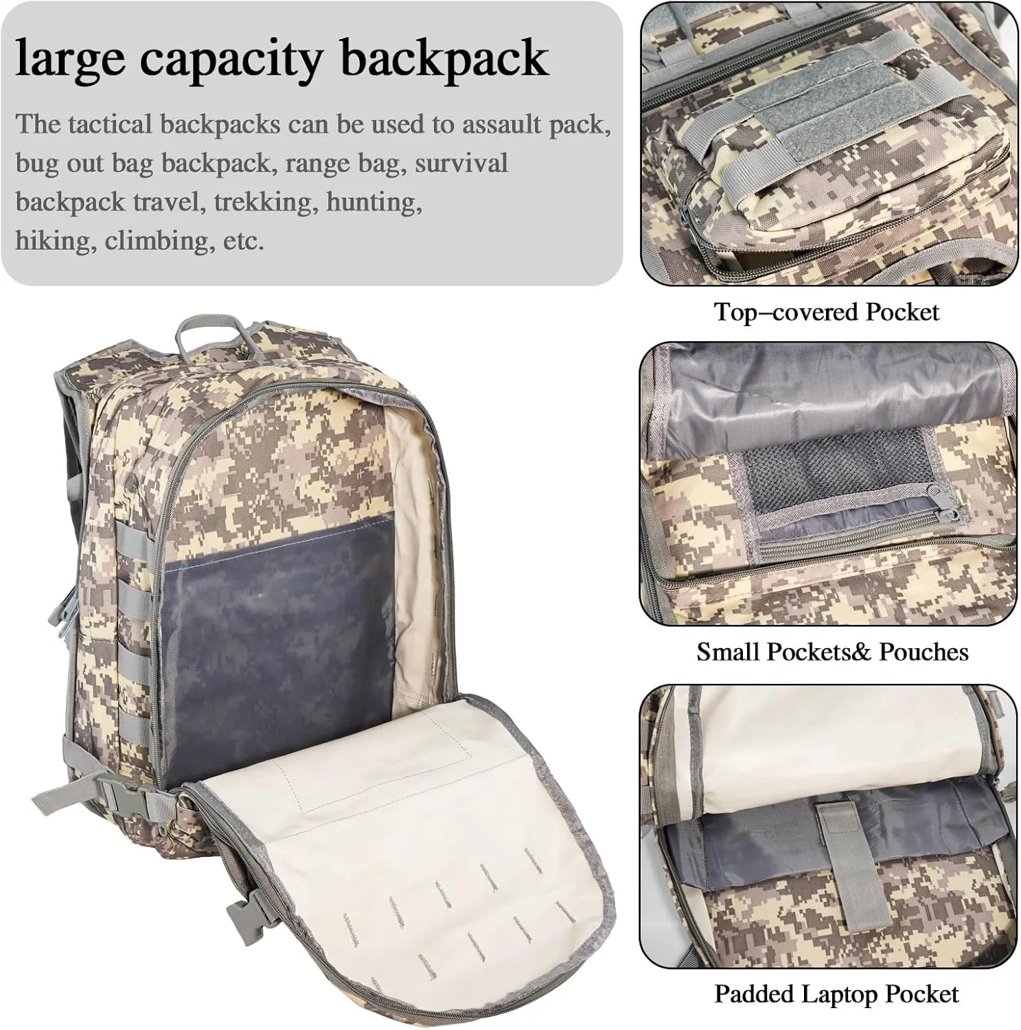 Military Tactical Hiking Backpacks for Men, Survival Army Camo Rucksack for Camping Trekking