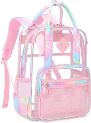 MOONBABY Clear Backpack Stadium Approved Kids Clear Bookbag Heavy Duty PVC Transparent Backpack Girls See Through Back Pack for Women Work, Pink