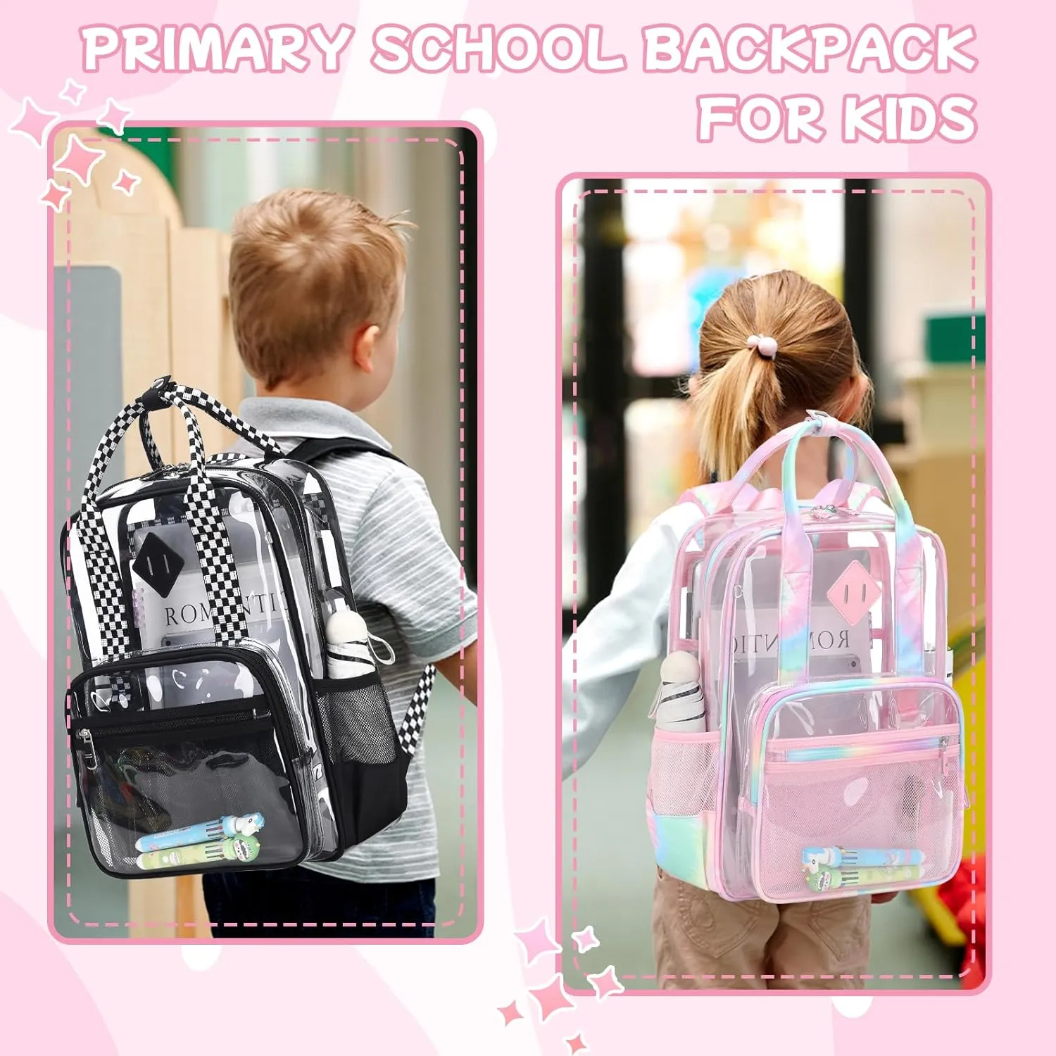 MOONBABY Clear Backpack Stadium Approved Kids Clear Bookbag Heavy Duty PVC Transparent Backpack Girls See Through Back Pack for Women Work, Pink