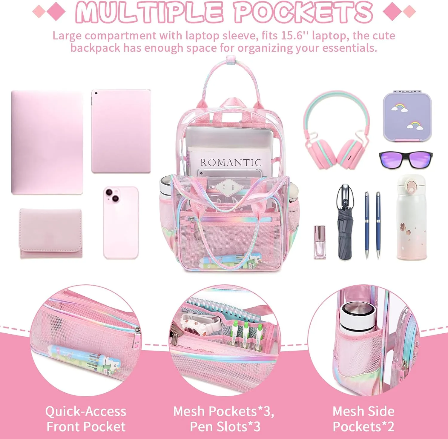 MOONBABY Clear Backpack Stadium Approved Kids Clear Bookbag Heavy Duty PVC Transparent Backpack Girls See Through Back Pack for Women Work, Pink