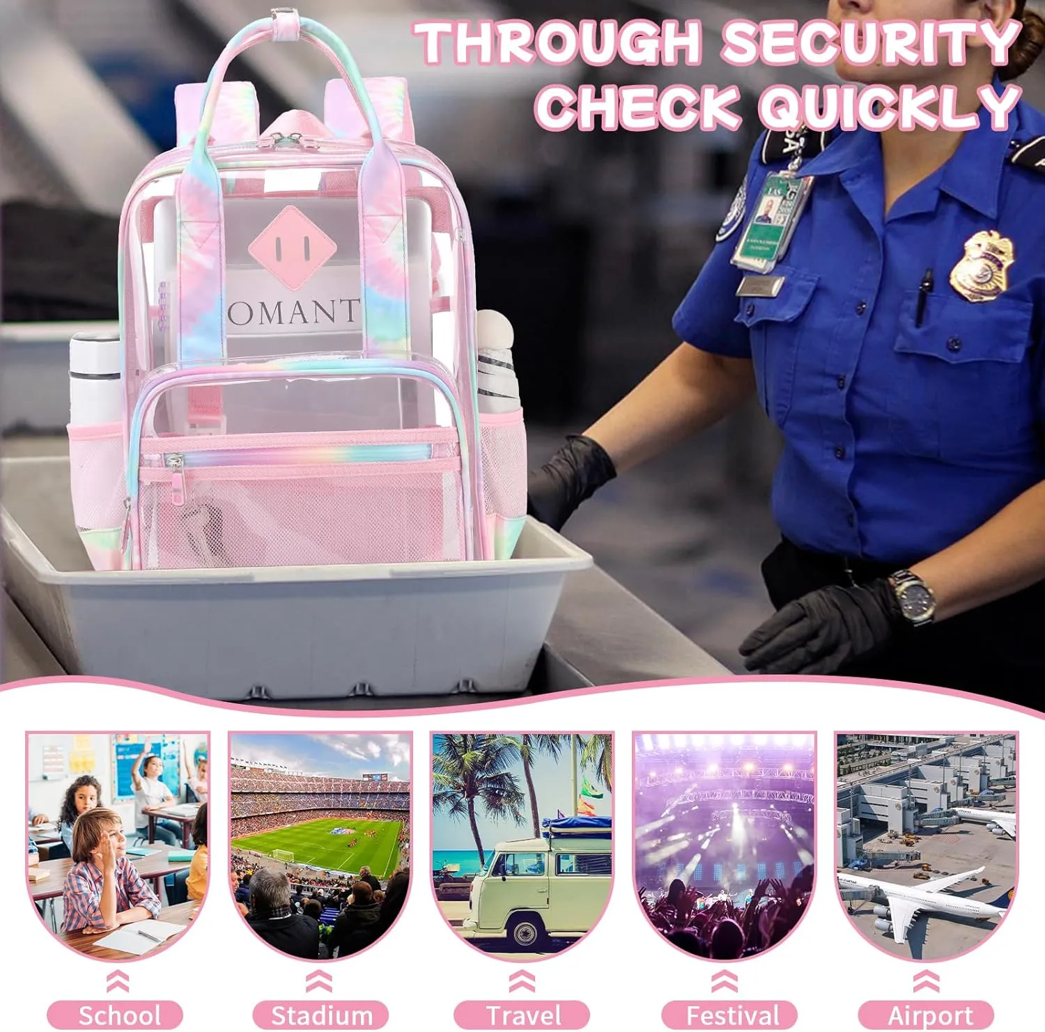 MOONBABY Clear Backpack Stadium Approved Kids Clear Bookbag Heavy Duty PVC Transparent Backpack Girls See Through Back Pack for Women Work, Pink