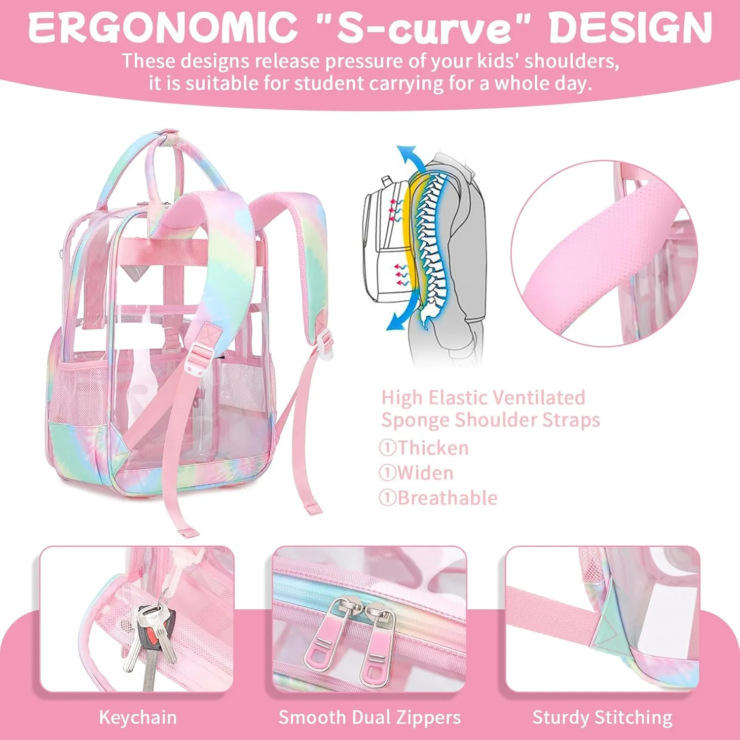 MOONBABY Clear Backpack Stadium Approved Kids Clear Bookbag Heavy Duty PVC Transparent Backpack Girls See Through Back Pack for Women Work, Pink