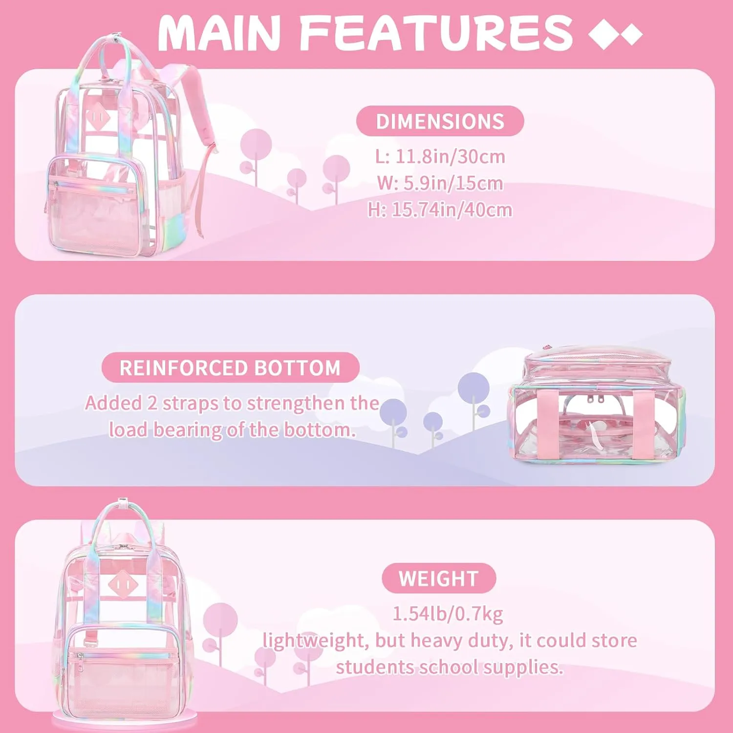 MOONBABY Clear Backpack Stadium Approved Kids Clear Bookbag Heavy Duty PVC Transparent Backpack Girls See Through Back Pack for Women Work, Pink