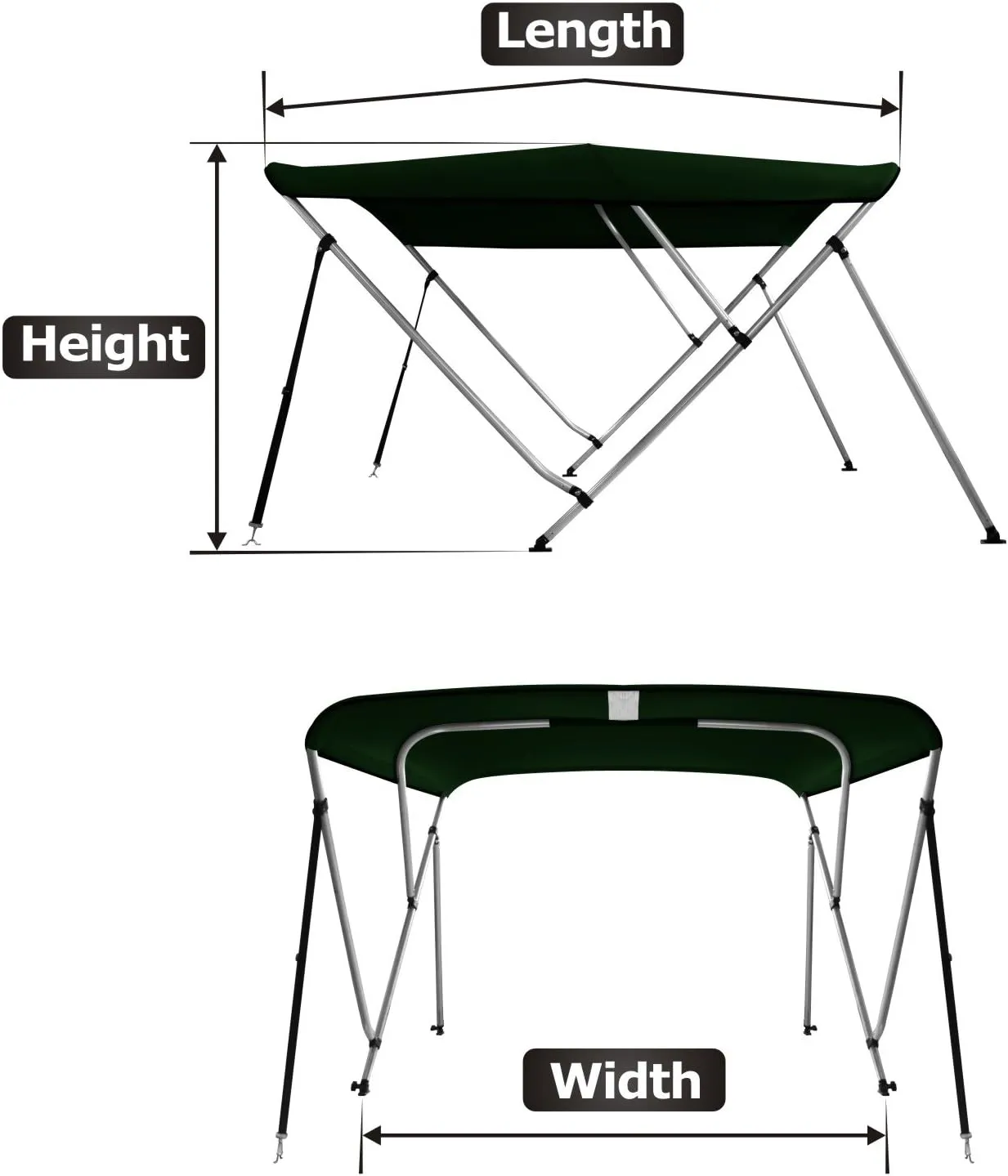 MSC 3 Bow 4 Bow Bimini Top Boat Cover,600D Solution Dyed Polyester,2 Support Poles& 4 Adjustable Straps Included