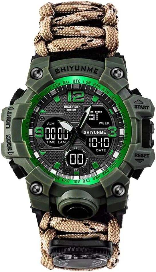 Multi Functional Outdoor Living Chain Torch, Compass, Watch, Thermometer, First aid Whistle and Knife/Scraper, Year/Month/Day Display, Alarm Reminder Waterproof Function
