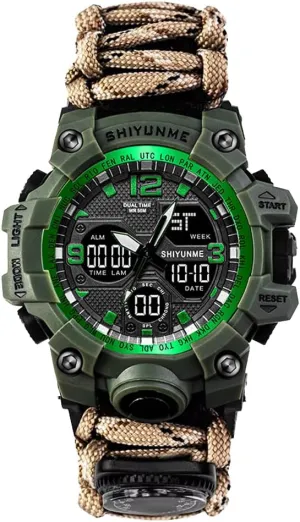 Multi Functional Outdoor Living Chain Torch, Compass, Watch, Thermometer, First aid Whistle and Knife/Scraper, Year/Month/Day Display, Alarm Reminder Waterproof Function