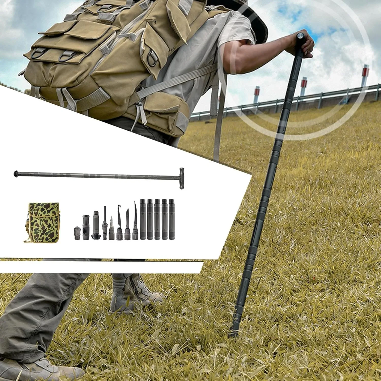 Multifunctional Trekking Poles for Hiking, Walking Sticks Trekking Pole 5-Part Assembly Modular Design with Built-in Tools & Canvas Storage Bag, Suitable for Hiking Camping Men Dad Husband