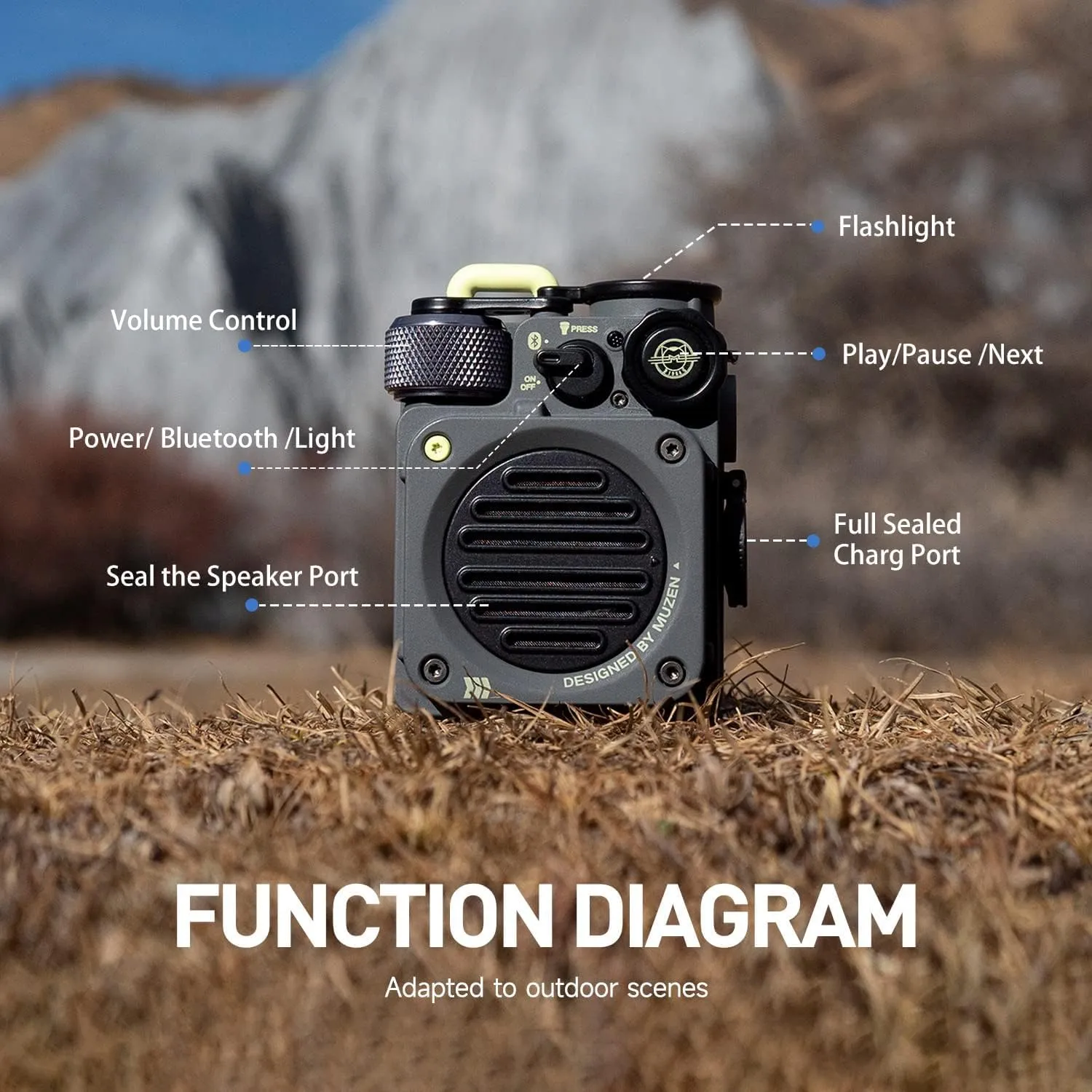 Muzen Portable Bluetooth Speaker, Wild Mini Rugged Travel Outdoor Speaker, Wireless Waterproof IPX5 with Flashlight, Crystal Clear Stereo Sound, Metal Wild Cool Look, for Adventure, Camping, Hiking