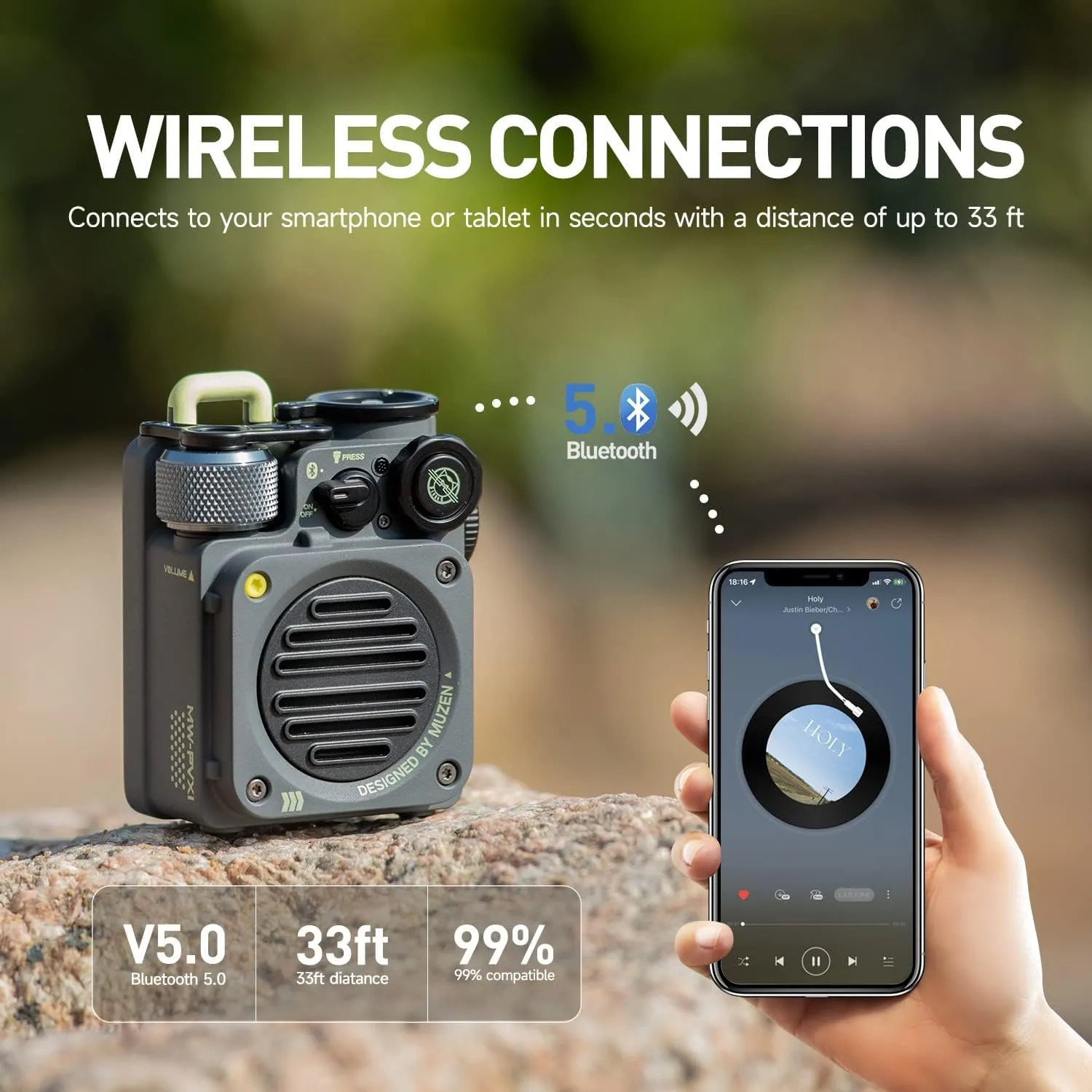Muzen Portable Bluetooth Speaker, Wild Mini Rugged Travel Outdoor Speaker, Wireless Waterproof IPX5 with Flashlight, Crystal Clear Stereo Sound, Metal Wild Cool Look, for Adventure, Camping, Hiking