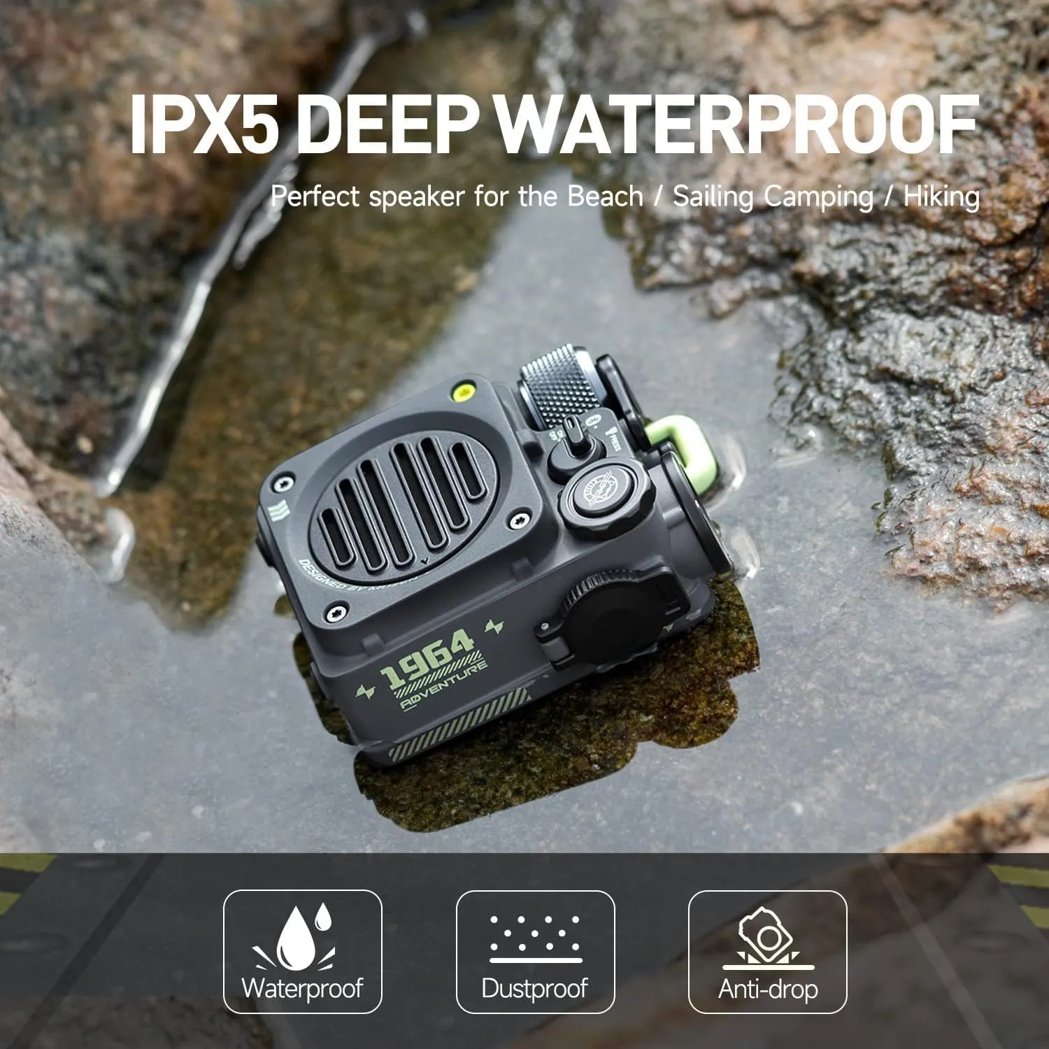 Muzen Portable Bluetooth Speaker, Wild Mini Rugged Travel Outdoor Speaker, Wireless Waterproof IPX5 with Flashlight, Crystal Clear Stereo Sound, Metal Wild Cool Look, for Adventure, Camping, Hiking