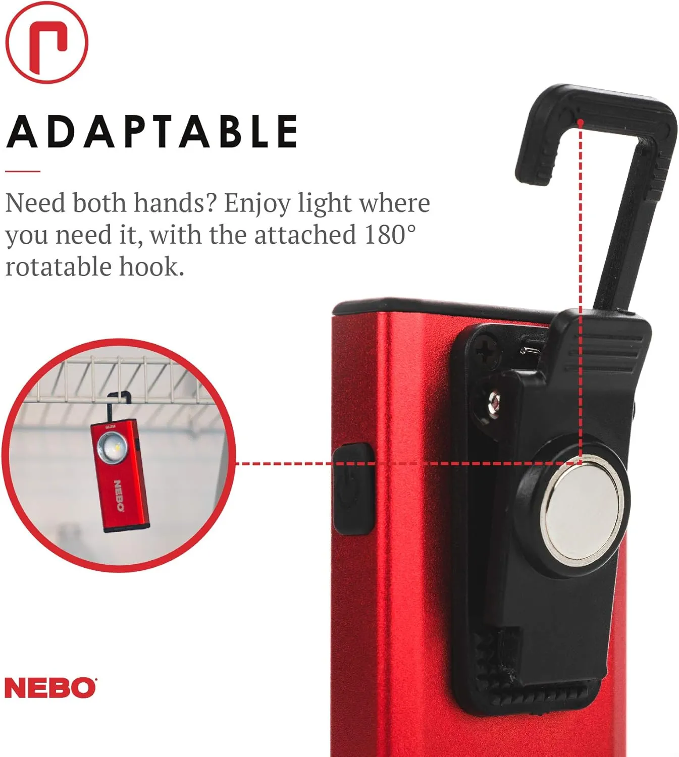 NEBO Rechargeable Flashlights High Lumens: 500-Lumen LED Flash Light Equipped with Dimming and Power Memory Recall; Featuring A Pocket Clip, Hanging Hook and Magnetic Base Slim 6694 Red