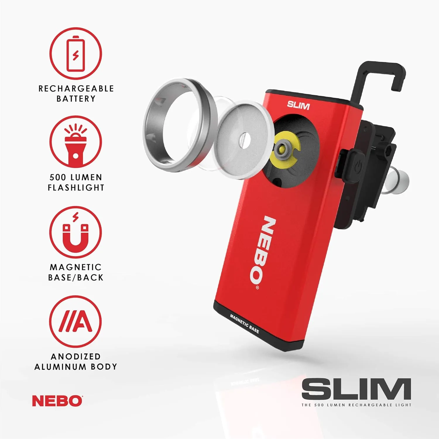 NEBO Rechargeable Flashlights High Lumens: 500-Lumen LED Flash Light Equipped with Dimming and Power Memory Recall; Featuring A Pocket Clip, Hanging Hook and Magnetic Base Slim 6694 Red