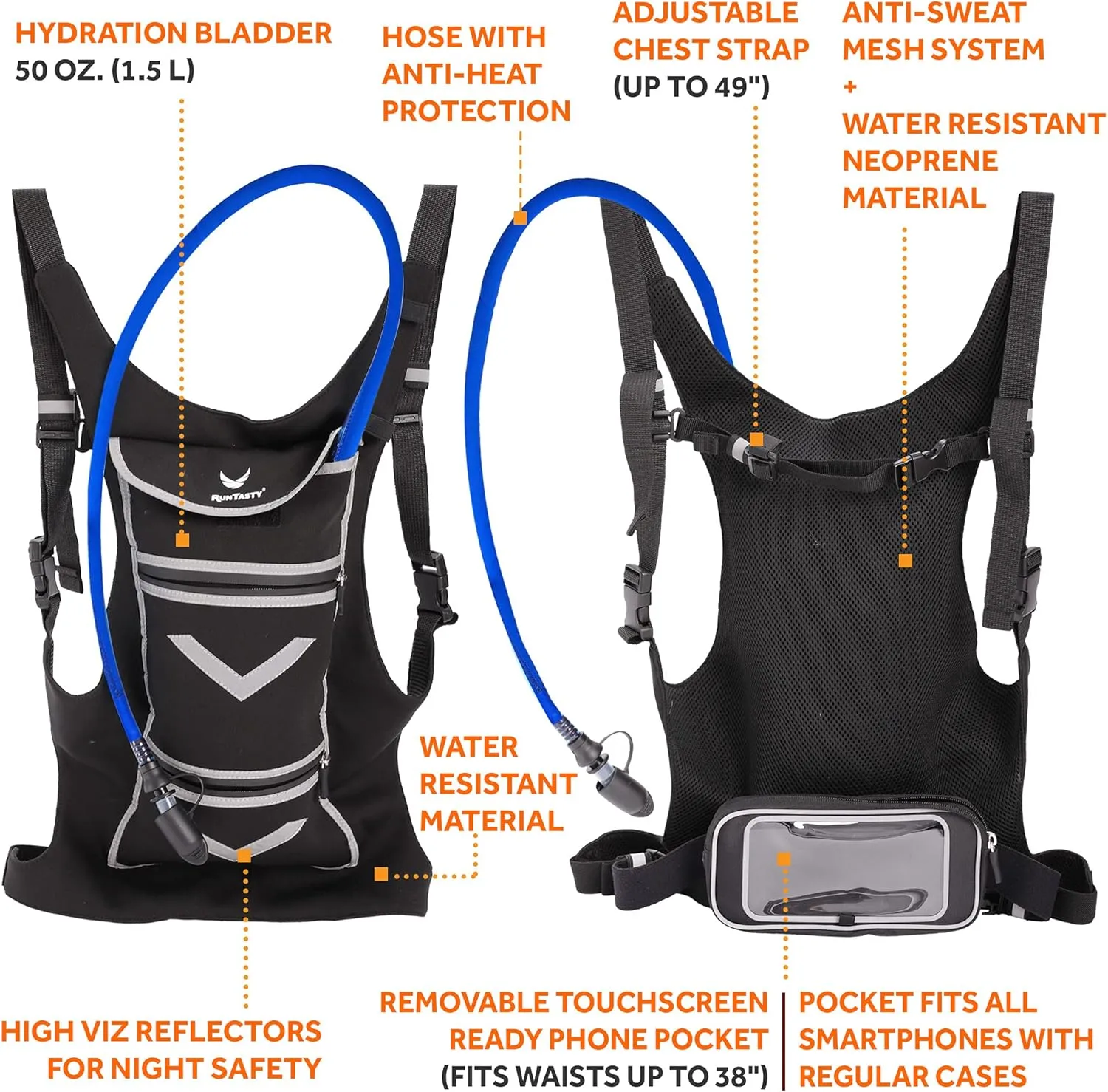New Running Hydration Backpack Vest - w/50 oz Water Bladder Reservoir & Touchscreen Ready Phone Pocket - 360° Reflective & Water Resistant - Ideal for Hiking, Climbing, Cycling, Raves!