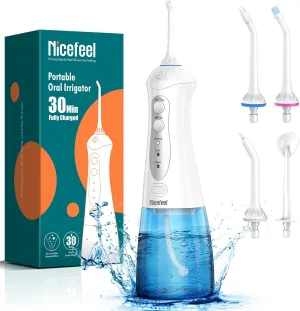 Nicefeel Water Dental Flosser Teeth Pick - Fast Charge Cordless Teeth Cleaner, 3 Modes Portable Oral Irrigator, IPX7 Waterproof Electric Water Dental Flosser for Tonsil Stone, 300ML Tank（Blue White）