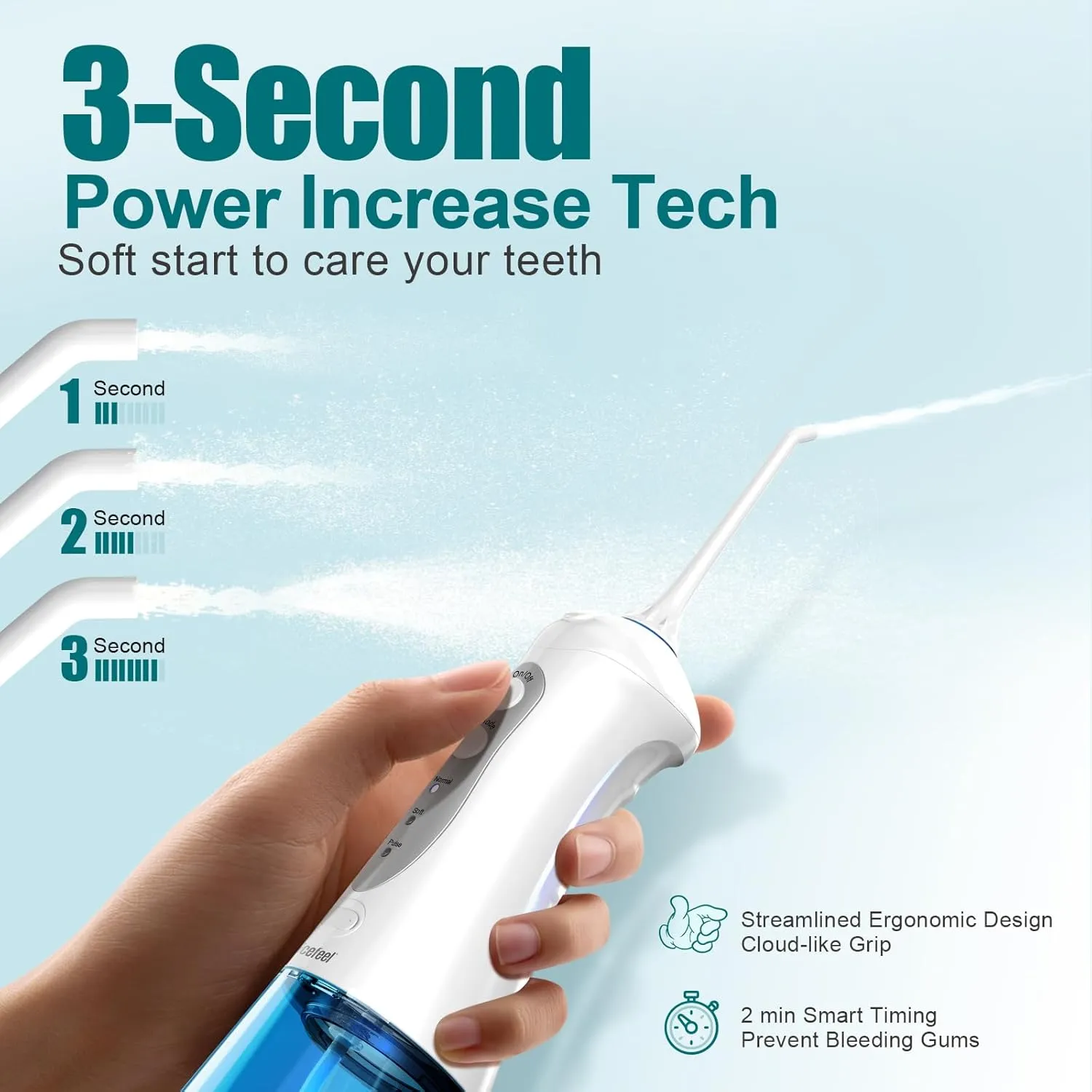 Nicefeel Water Dental Flosser Teeth Pick - Fast Charge Cordless Teeth Cleaner, 3 Modes Portable Oral Irrigator, IPX7 Waterproof Electric Water Dental Flosser for Tonsil Stone, 300ML Tank（Blue White）