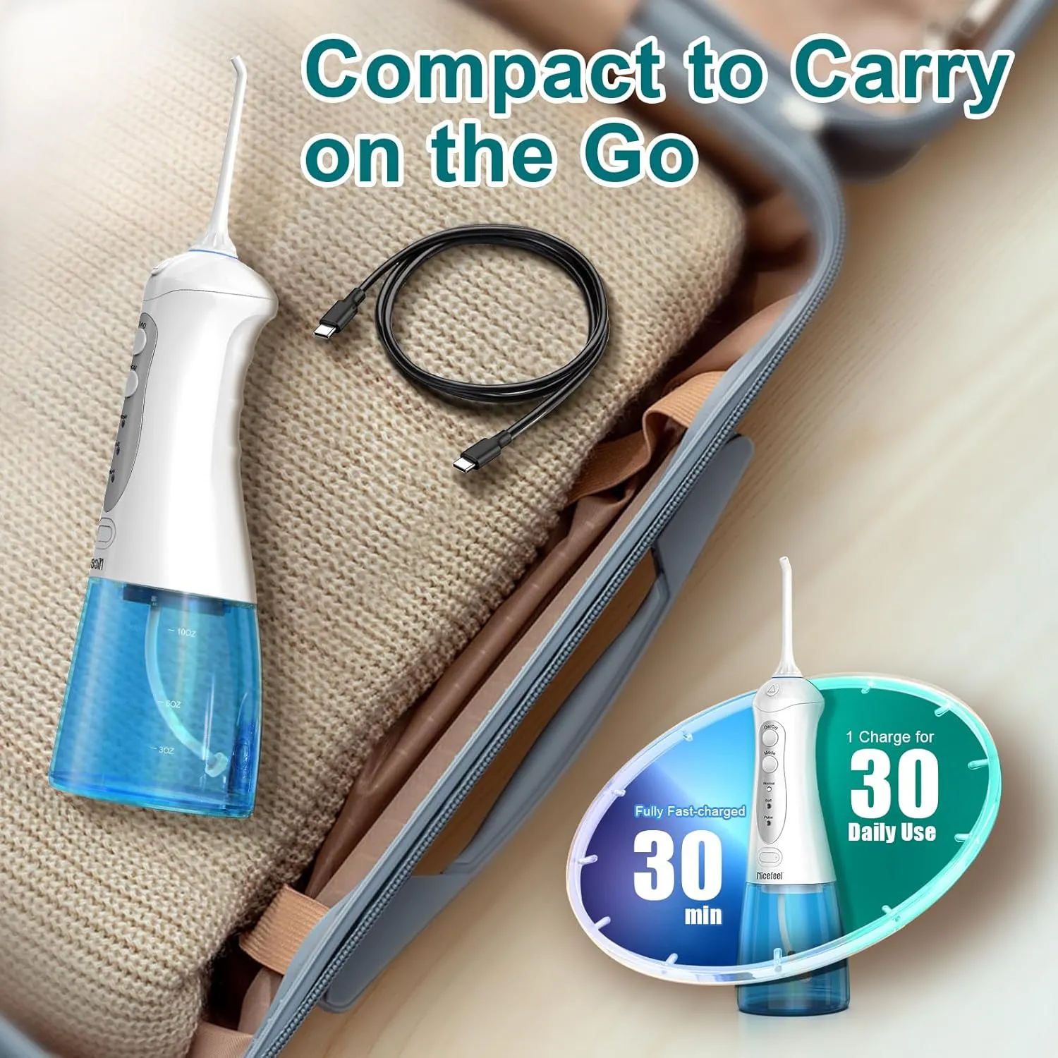 Nicefeel Water Dental Flosser Teeth Pick - Fast Charge Cordless Teeth Cleaner, 3 Modes Portable Oral Irrigator, IPX7 Waterproof Electric Water Dental Flosser for Tonsil Stone, 300ML Tank（Blue White）