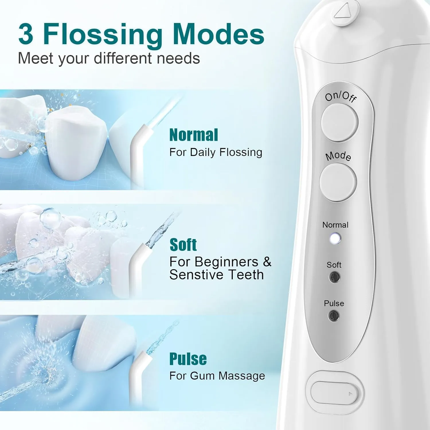 Nicefeel Water Dental Flosser Teeth Pick - Fast Charge Cordless Teeth Cleaner, 3 Modes Portable Oral Irrigator, IPX7 Waterproof Electric Water Dental Flosser for Tonsil Stone, 300ML Tank（Blue White）