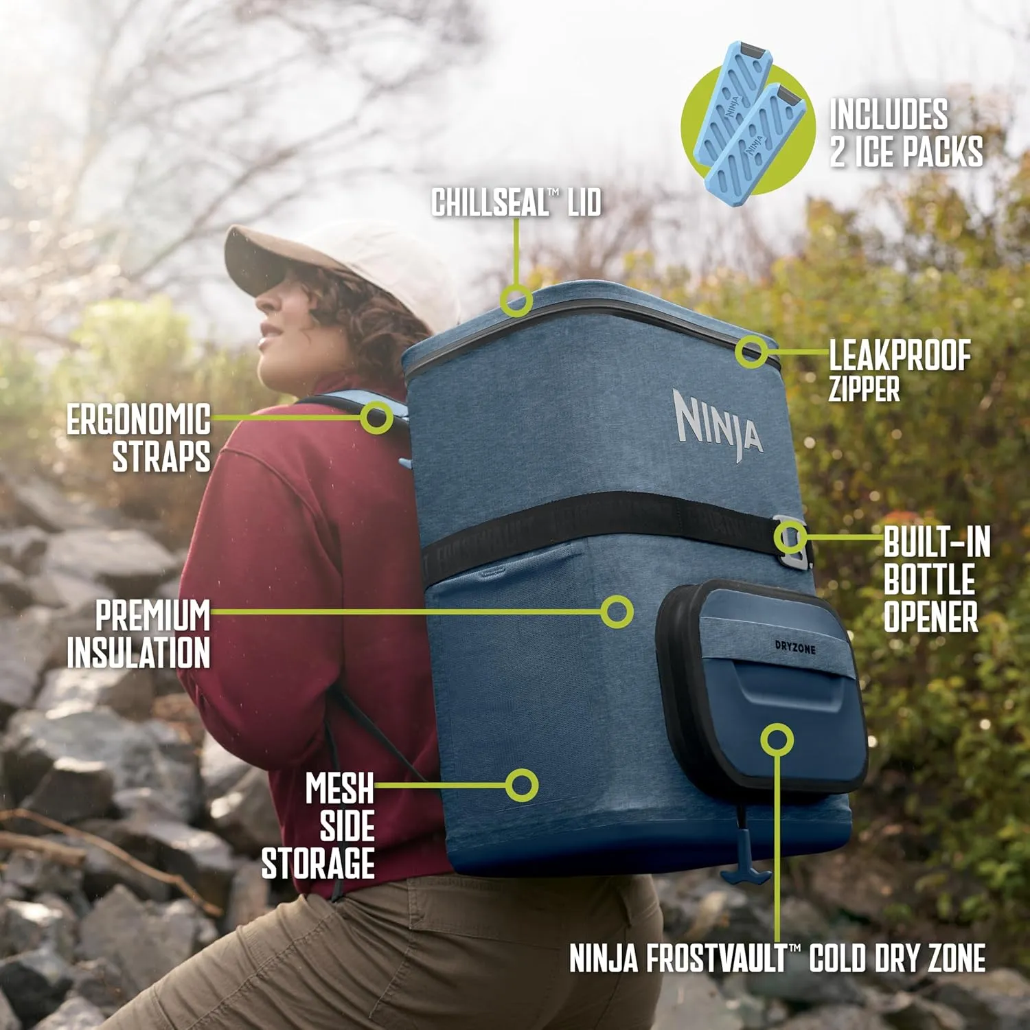 Ninja | Backpack Cooler | FrostVault Go Can Soft Cooler | Leakproof Zipper with Built in Can Opener, 2 Ice Packs & Dry Storage Drawer | for Hiking, Camping & More | 24/36 Can
