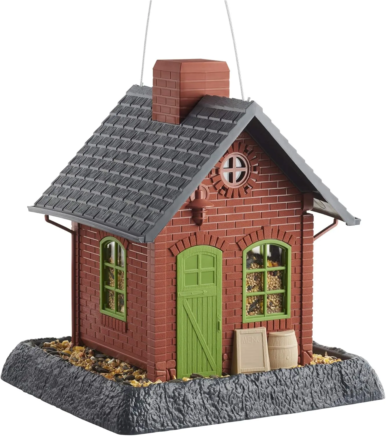 North States Village Collection Old Town Pub Birdfeeder: Easy Fill and Clean. Squirrel Proof Hanging Cable included, or Pole Mount . Large, 5 pound Seed Capacity (9.5 x 10.25 x 11, Brick Red)