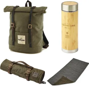 Northcore Waxed Canvas Back Pack, Adventure Camping Roll & Bamboo & Stainless Steel Flask Bundle NC118 - Olive Green