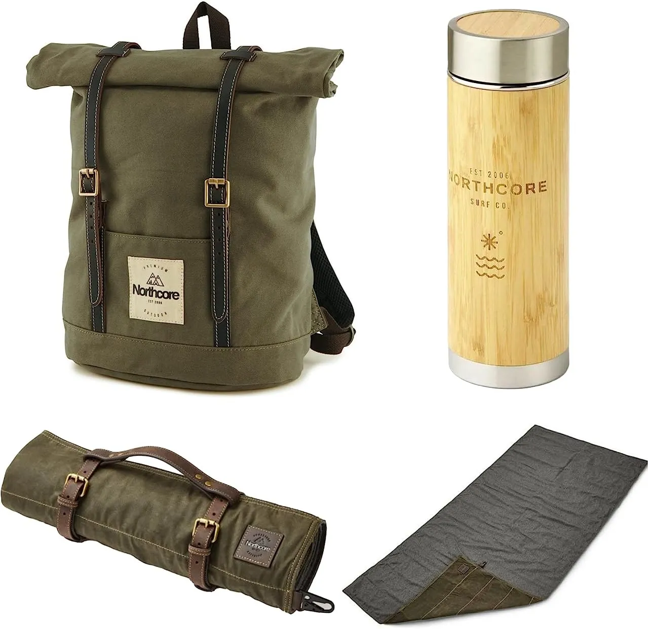 Northcore Waxed Canvas Back Pack, Adventure Camping Roll & Bamboo & Stainless Steel Flask Bundle NC118 - Olive Green