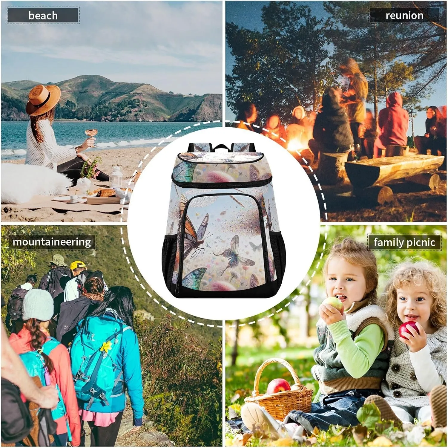 ODAWA Cooler Backpack Waterproof Beach Cooler Bag Butterflies and Dragonflies Lunch Backpack Lightweight Camping Bags