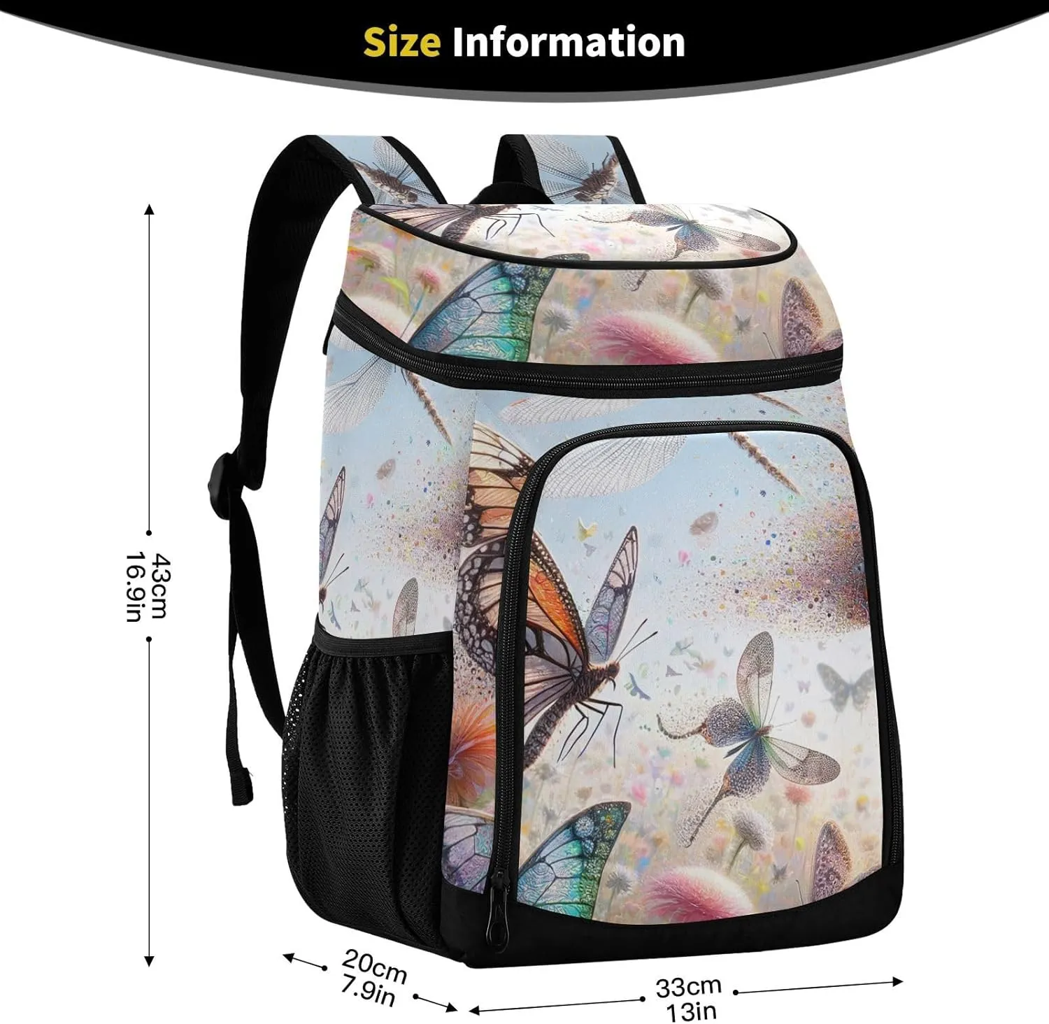 ODAWA Cooler Backpack Waterproof Beach Cooler Bag Butterflies and Dragonflies Lunch Backpack Lightweight Camping Bags