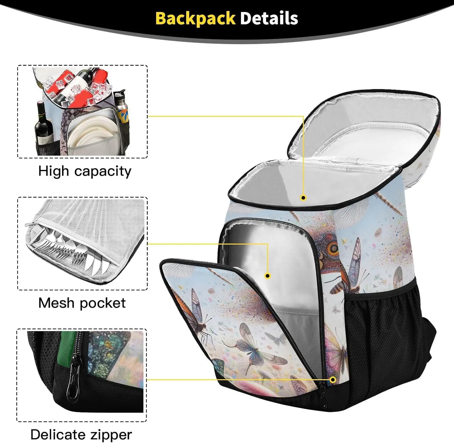 ODAWA Cooler Backpack Waterproof Beach Cooler Bag Butterflies and Dragonflies Lunch Backpack Lightweight Camping Bags