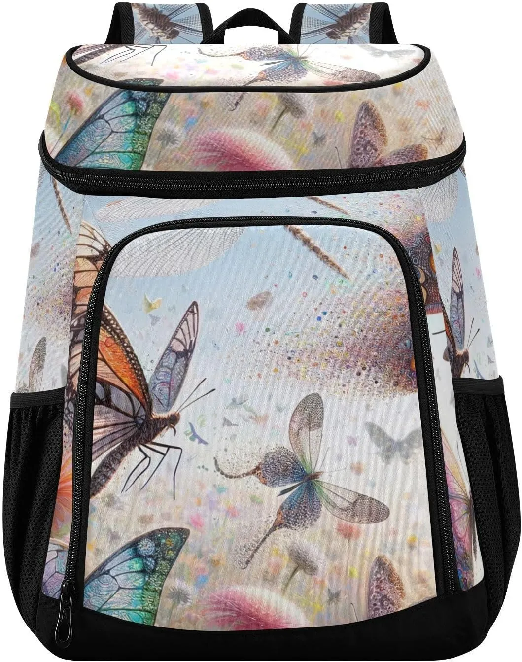 ODAWA Cooler Backpack Waterproof Beach Cooler Bag Butterflies and Dragonflies Lunch Backpack Lightweight Camping Bags