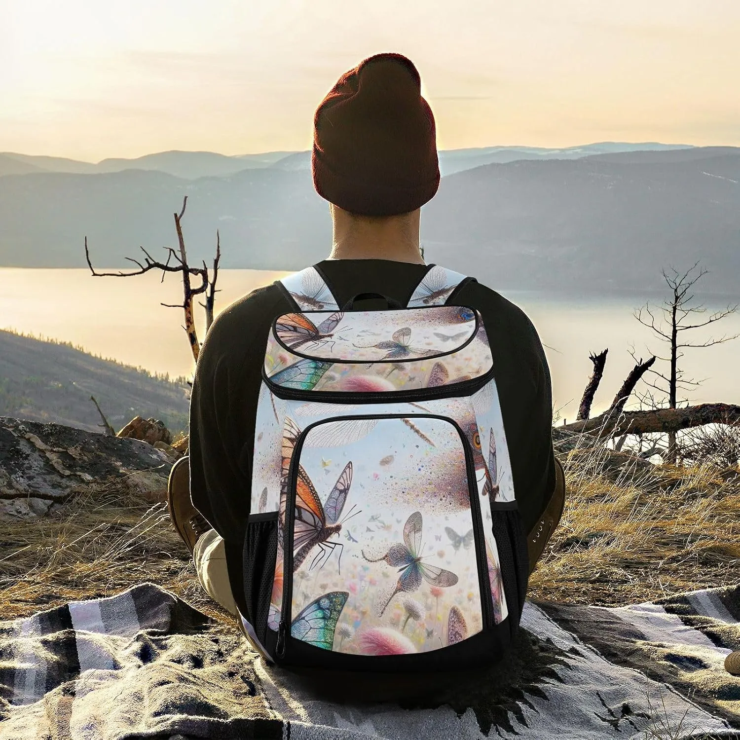 ODAWA Cooler Backpack Waterproof Beach Cooler Bag Butterflies and Dragonflies Lunch Backpack Lightweight Camping Bags
