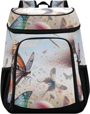 ODAWA Cooler Backpack Waterproof Beach Cooler Bag Butterflies and Dragonflies Lunch Backpack Lightweight Camping Bags