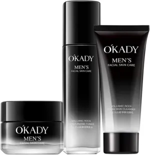 O'KADY Men Volcanic Rock Skin Care Set 3Pcs Cleanser Toner Cream Purify Oil Control Shrink Pores Firming Nourishing Moisturizing Hydrating for Smooth Radiant Youthful Skin Alcohol-Free Hypoallergenic