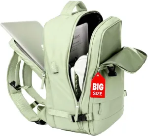 OKAERI. Extra Large Travel Backpack 40L Women Men Carry On USB Port Shoe Pouch Flight Approved Hiking Waterproof Outdoor Sports Rucksack Casual Daypack Travel Essential 18"x12" x8" (GREEN)