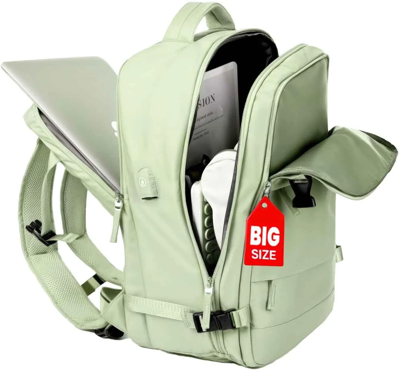 OKAERI. Extra Large Travel Backpack 40L Women Men Carry On USB Port Shoe Pouch Flight Approved Hiking Waterproof Outdoor Sports Rucksack Casual Daypack Travel Essential 18"x12" x8" (GREEN)