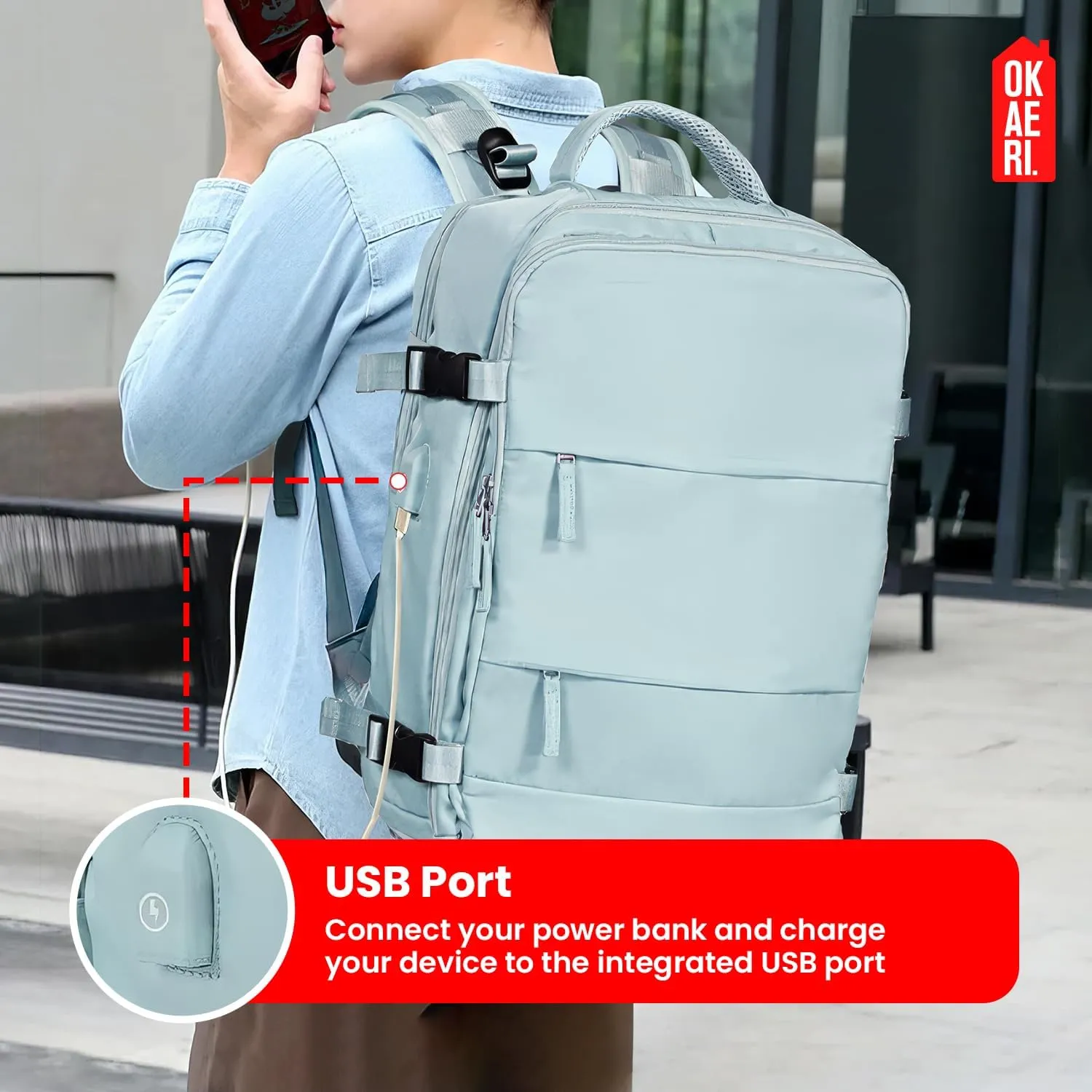 OKAERI. Extra Large Travel Backpack 40L Women Men Carry On USB Port Shoe Pouch Flight Approved Hiking Waterproof Outdoor Sports Rucksack Casual Daypack Travel Essential 18"x12" x8" (GREEN)