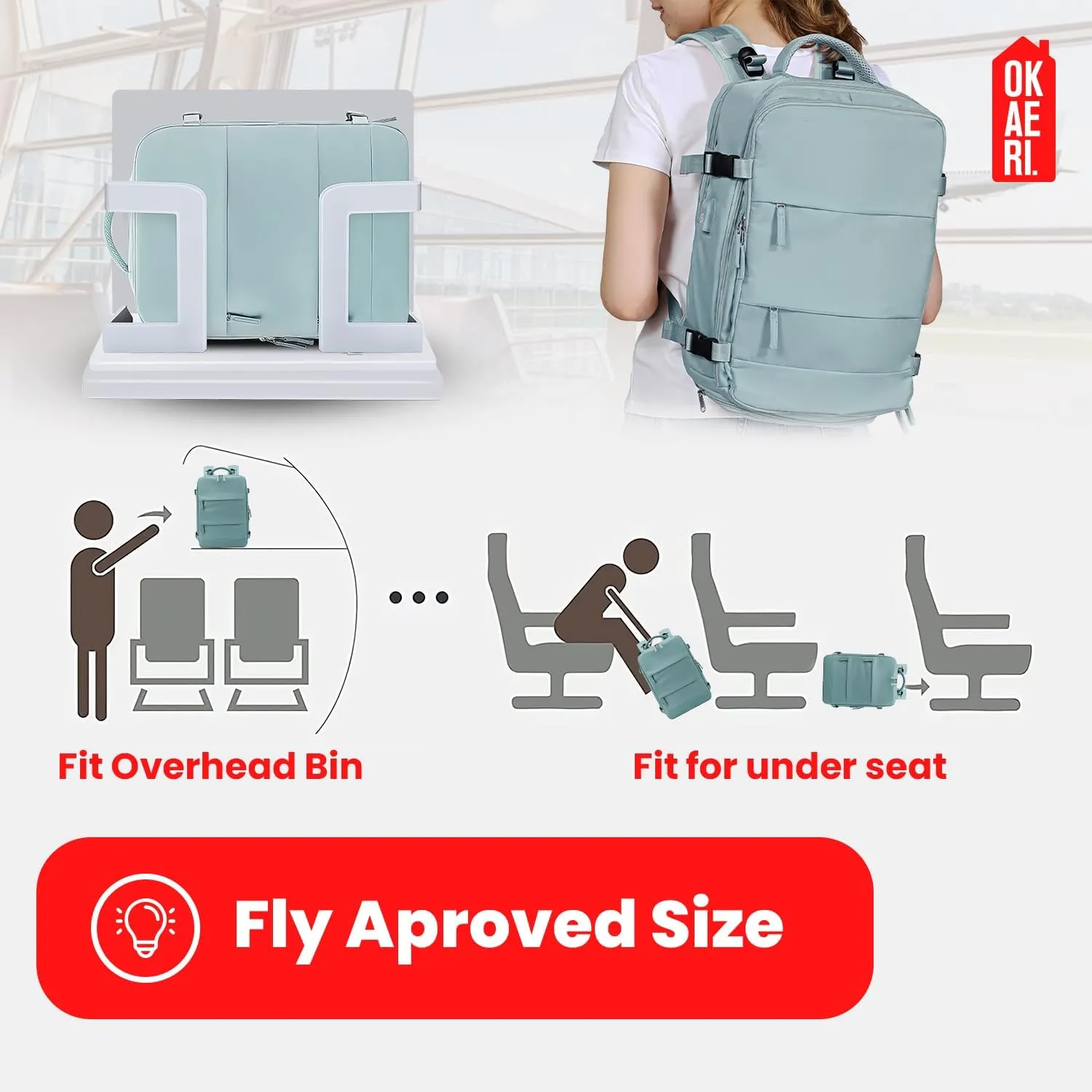 OKAERI. Extra Large Travel Backpack 40L Women Men Carry On USB Port Shoe Pouch Flight Approved Hiking Waterproof Outdoor Sports Rucksack Casual Daypack Travel Essential 18"x12" x8" (GREEN)