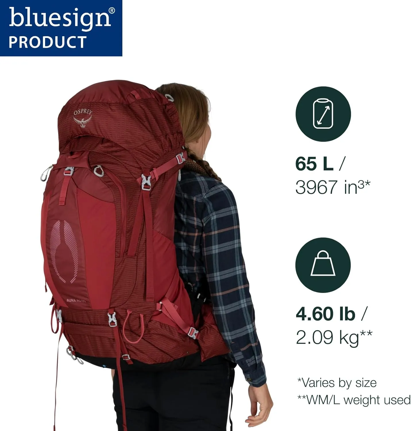 Osprey Aura AG 65L Women's Backpacking Backpack, Berry Sorbet Red, WXS/S