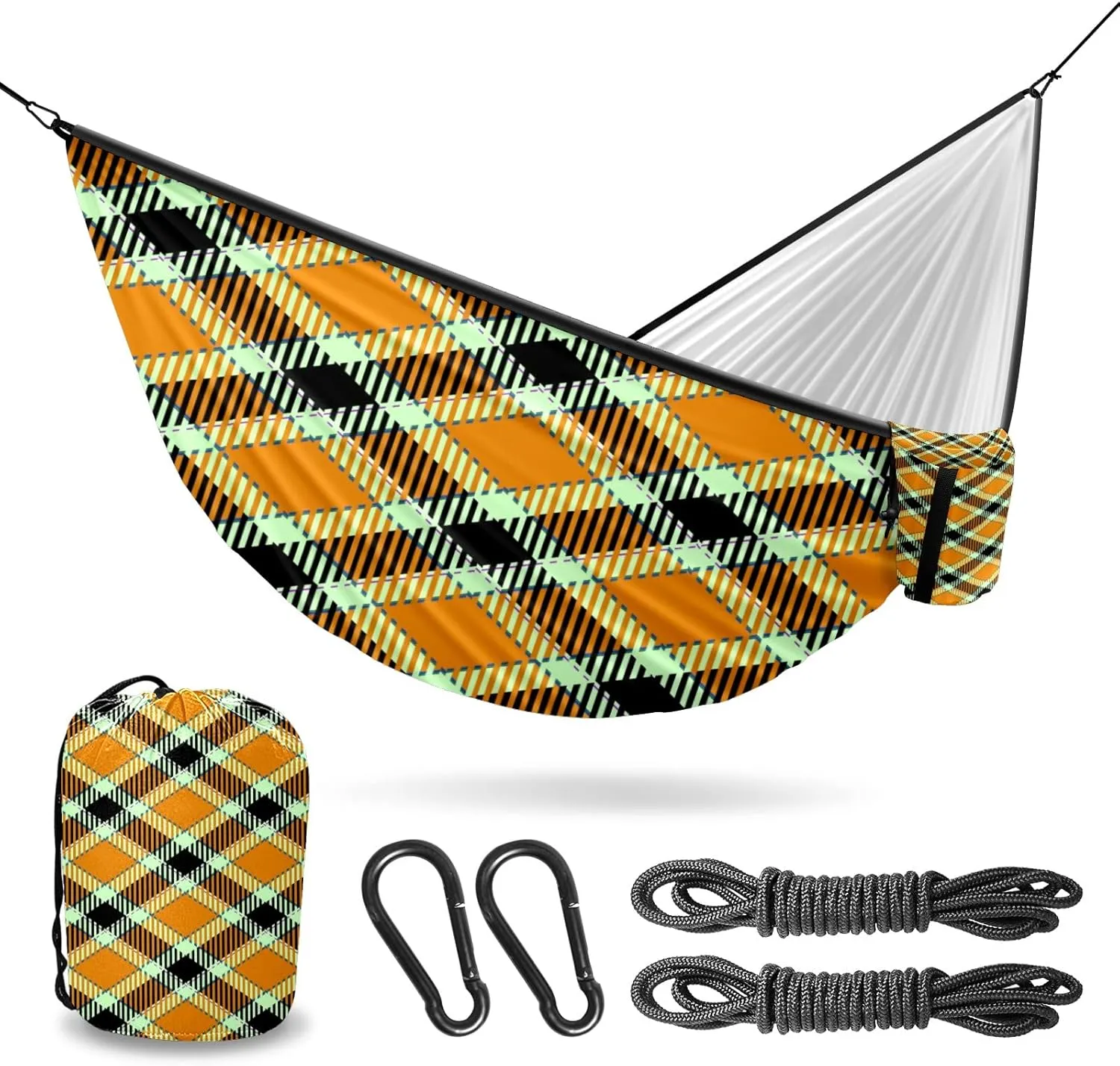 Outdoor Camping Hammock Yellow Black Plaid Double & Single Hammocks with 2 Tree Straps, Lightweight & Portable Yet Heavy Duty Nylon Hammocks for Backpacking, Travel, Beach, Backyard, Patio, Hiking