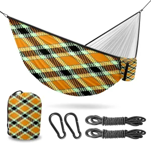 Outdoor Camping Hammock Yellow Black Plaid Double & Single Hammocks with 2 Tree Straps, Lightweight & Portable Yet Heavy Duty Nylon Hammocks for Backpacking, Travel, Beach, Backyard, Patio, Hiking
